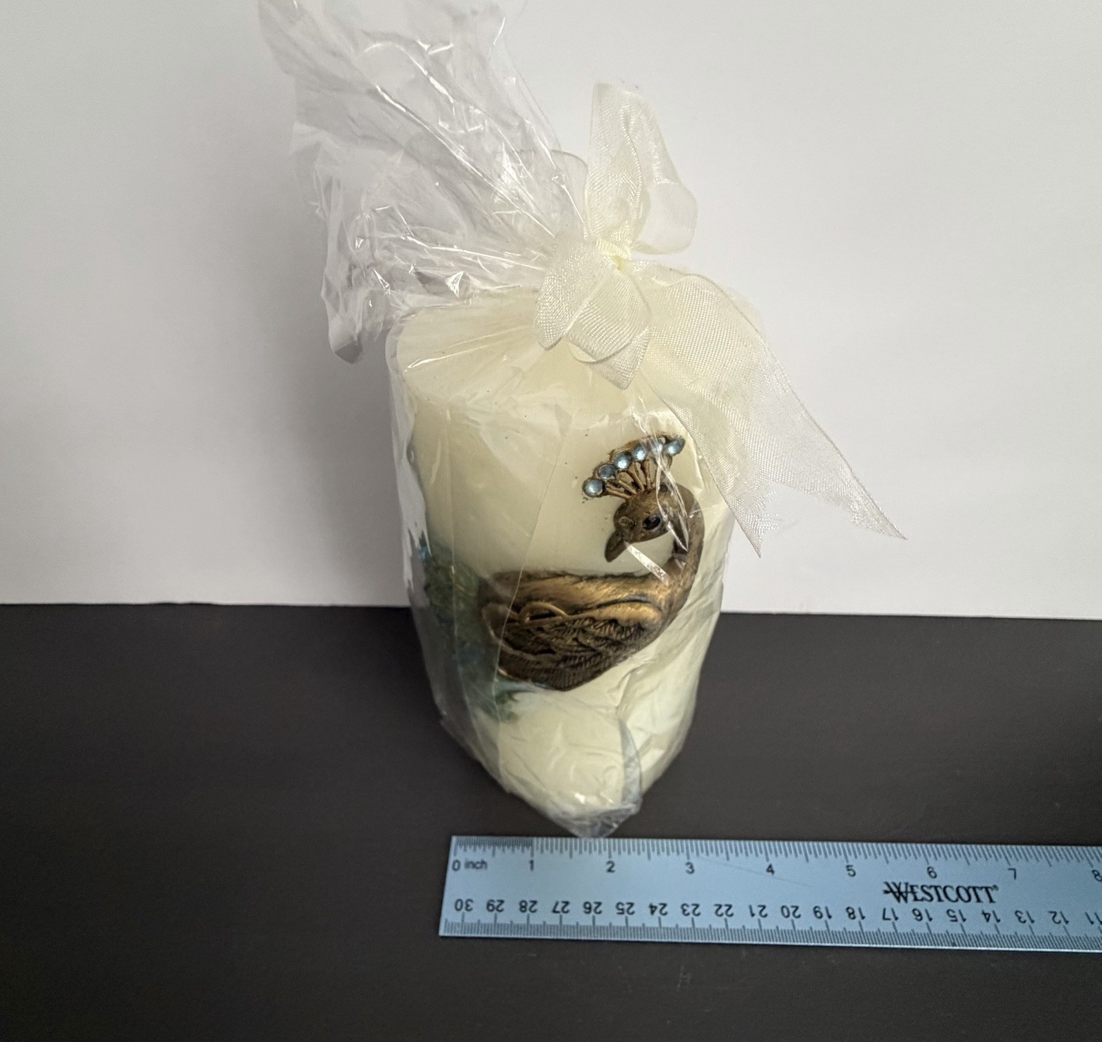 Pier One Peacock Candle Unscented Pillar 6 in Jeweled Feathers Original Package