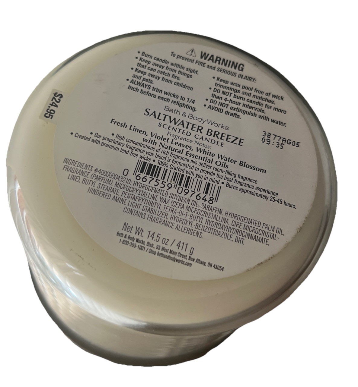 Saltwater Breeze Bath and Body Works 3-Wick Candle 14.5 Oz Blemished Cap