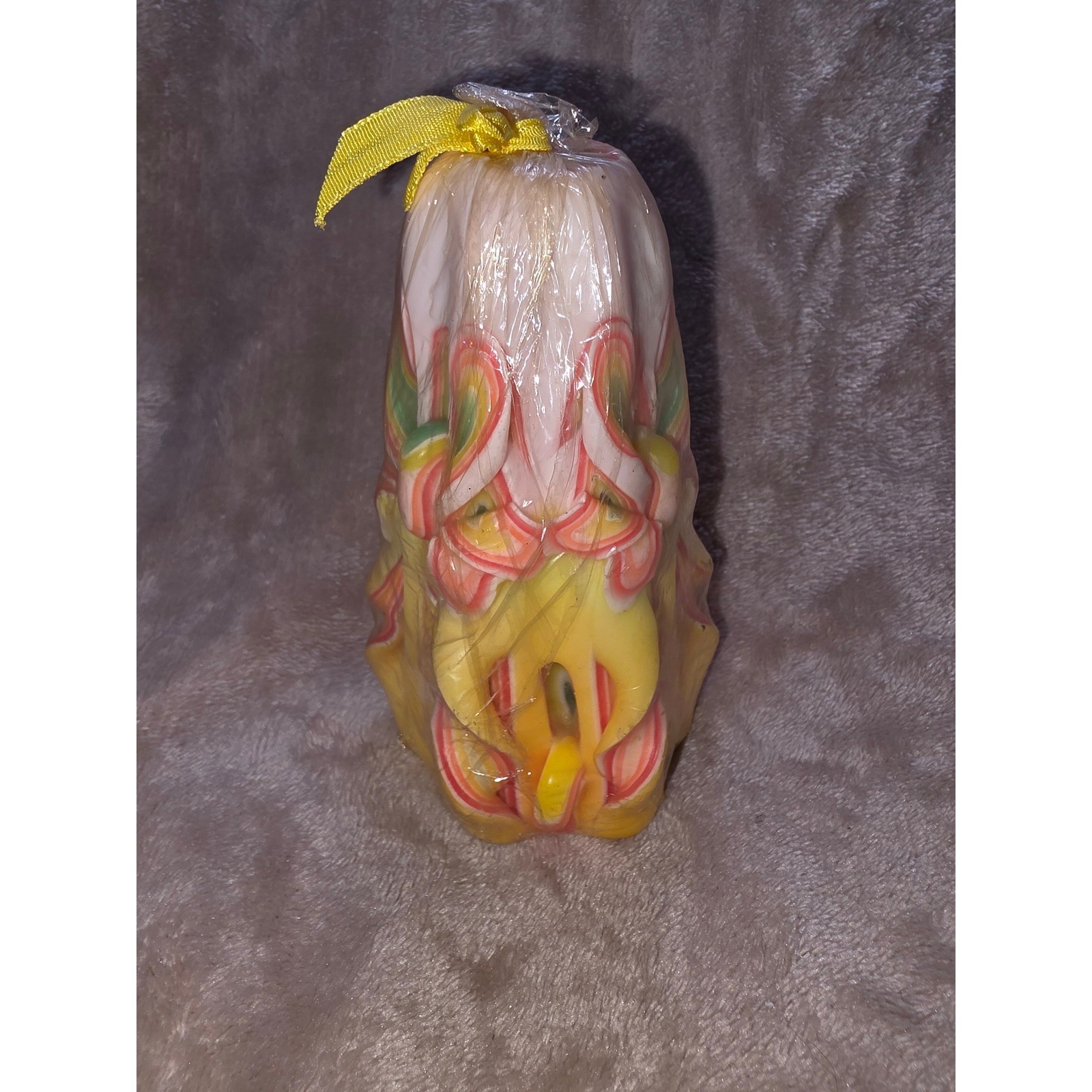 Vintage Hand Carved Pillar Candle Yellow Pink Green Layered Ribbon Wax Art Decor