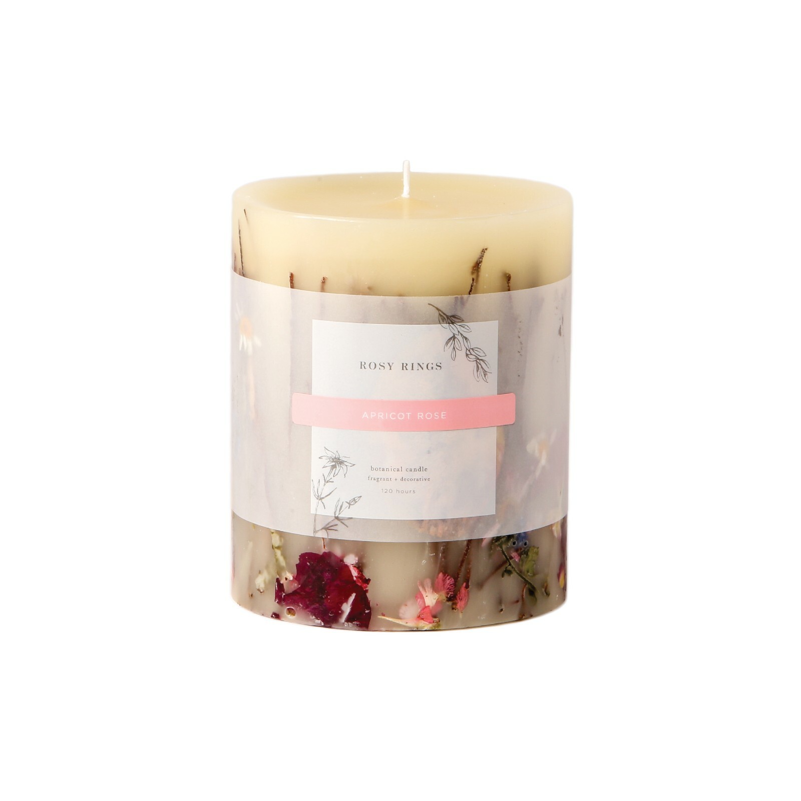 ROSY RINGS, APRICOT ROSE LUXURY MEDIUM BOTANICAL CANDLE, 6.5″ TALL, 200 HRS