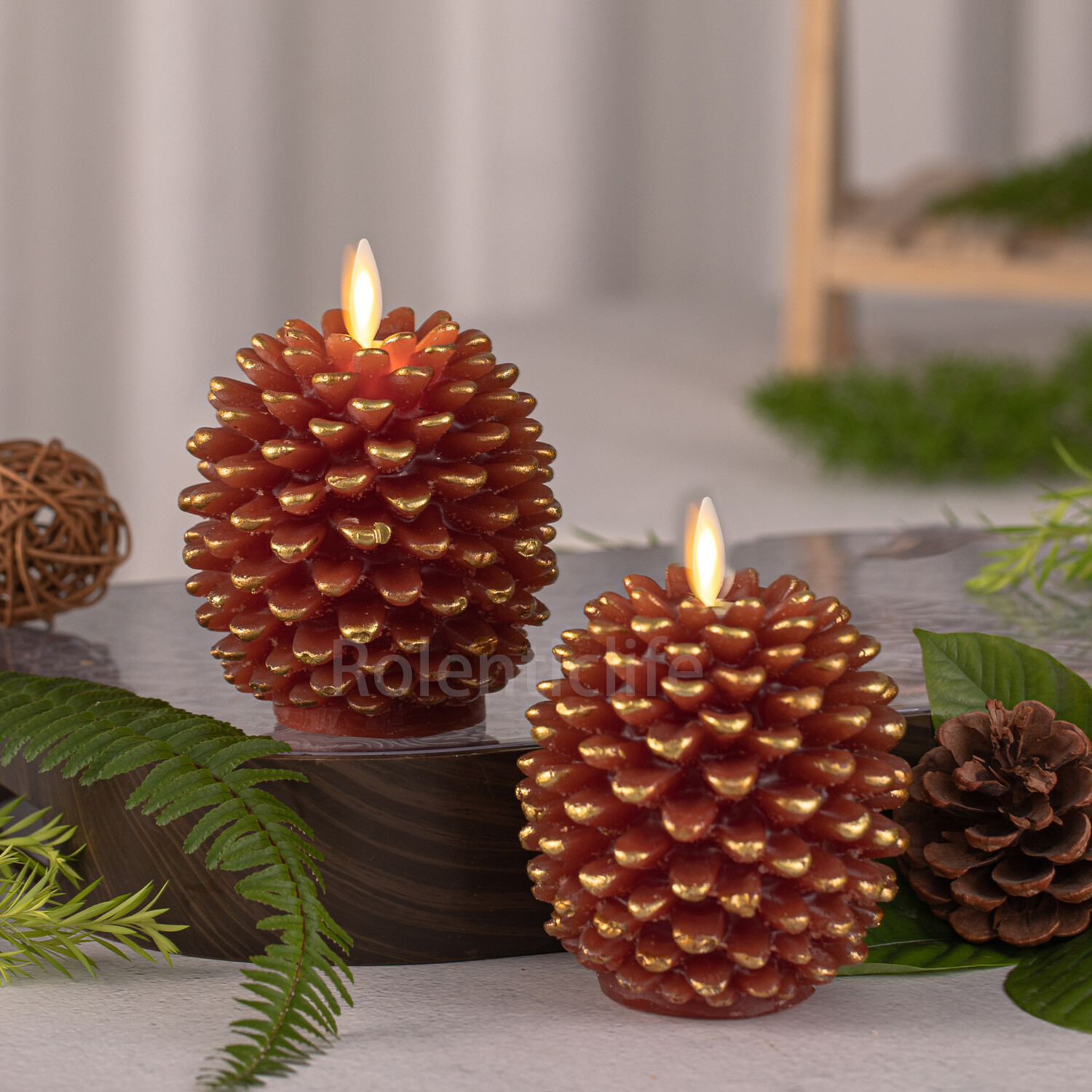 Luminara Flameless Pine Cone Wax Candles with Remote Moving Flame 2pcs Brown