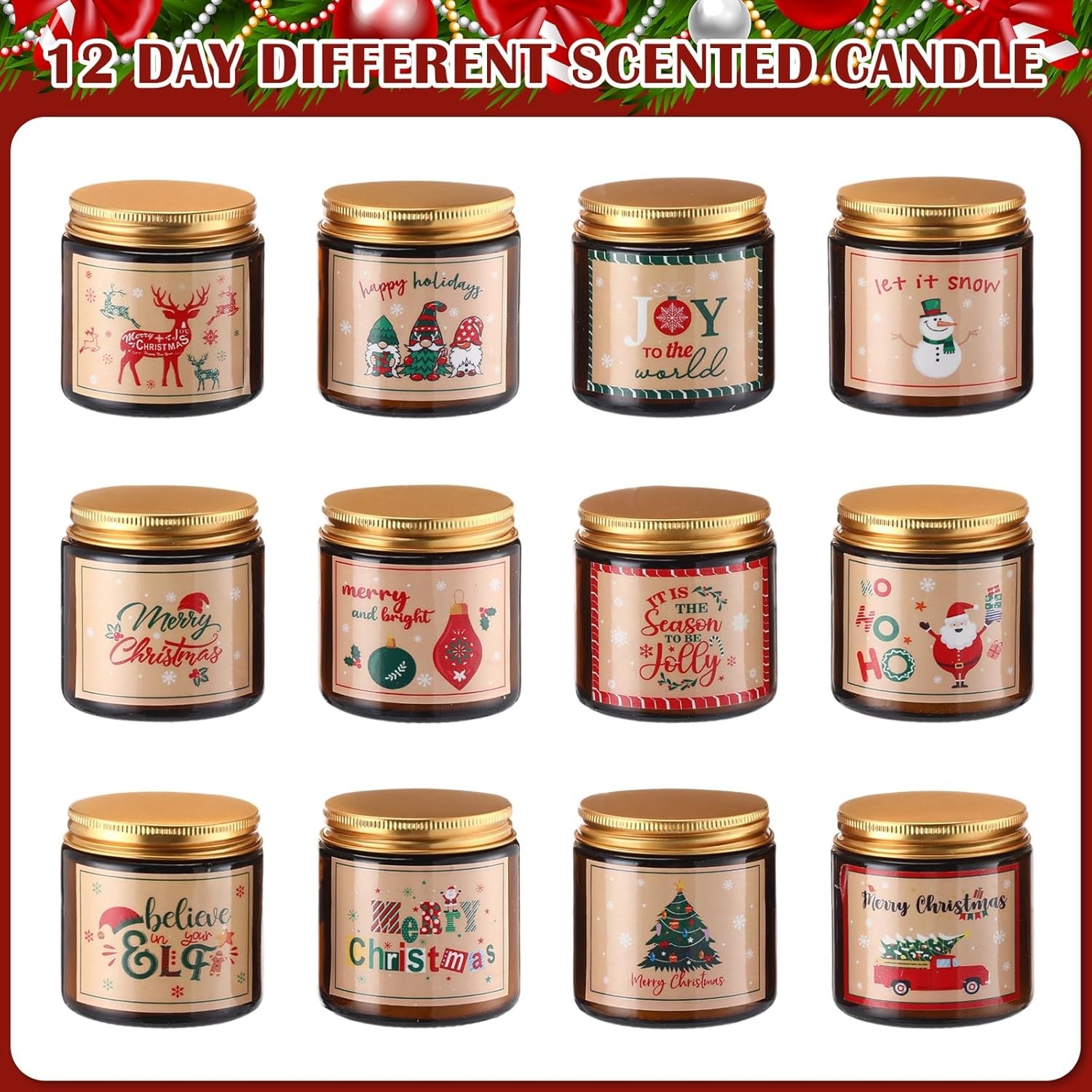 12 Pack Christmas Candles 12 Days of Advent Calendars Multicolor