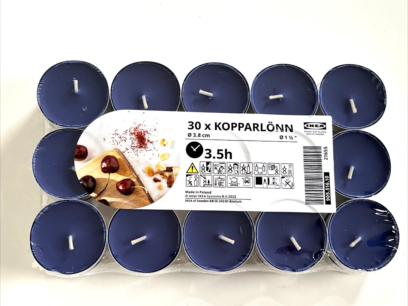 Pack of 30 IKEA Kopparlonn Candle Scented tealight, almond & cherry/blue, 3.5 hr