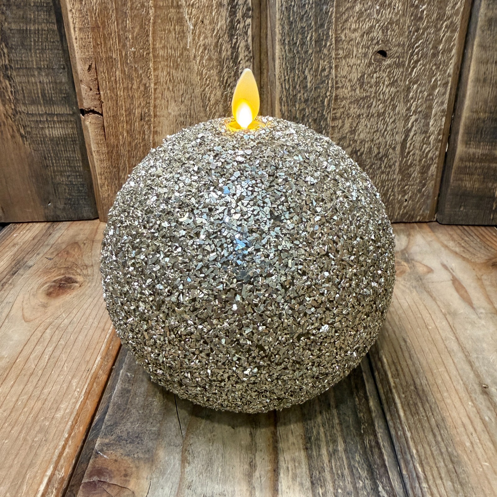 POTTERY BARN FLICKERING FLAMELESS CANDLE GOLD GLITTER ORNAMENT MED 5.5″ HOLIDAY