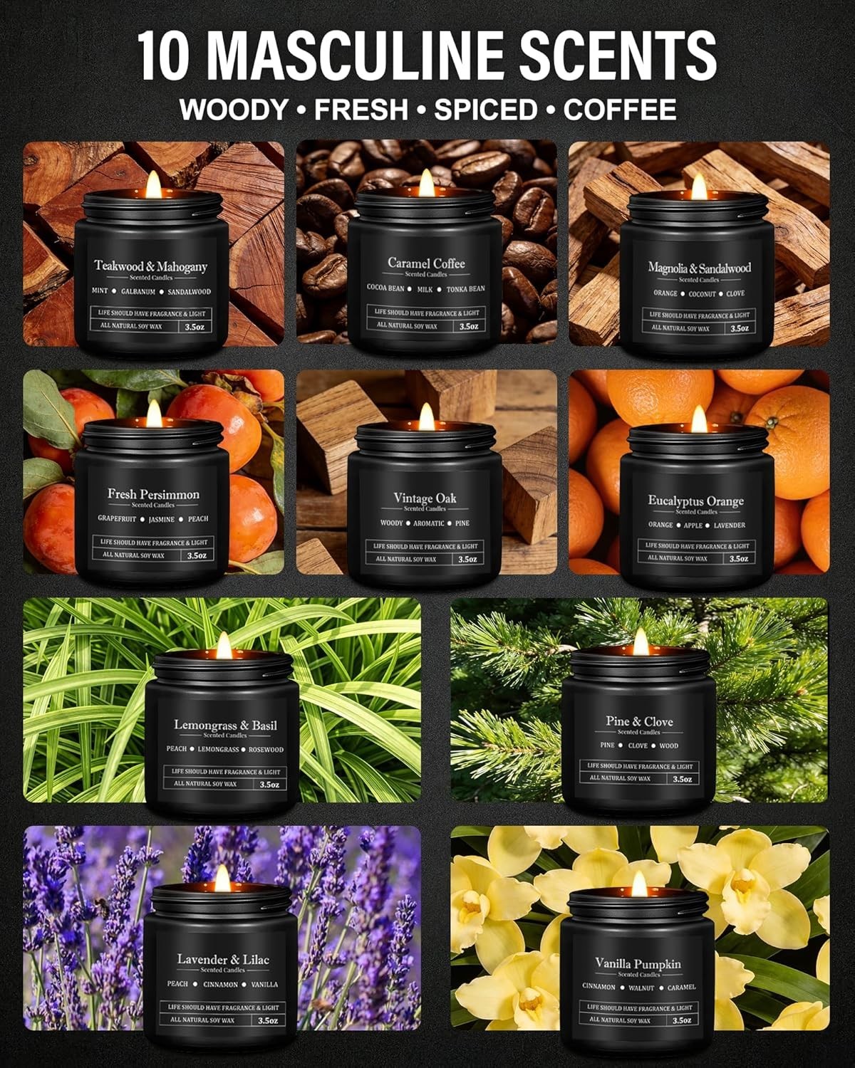 10 Pack Scented Candles for Men, Masculine Candle Gift Set with Woody & Fresh…