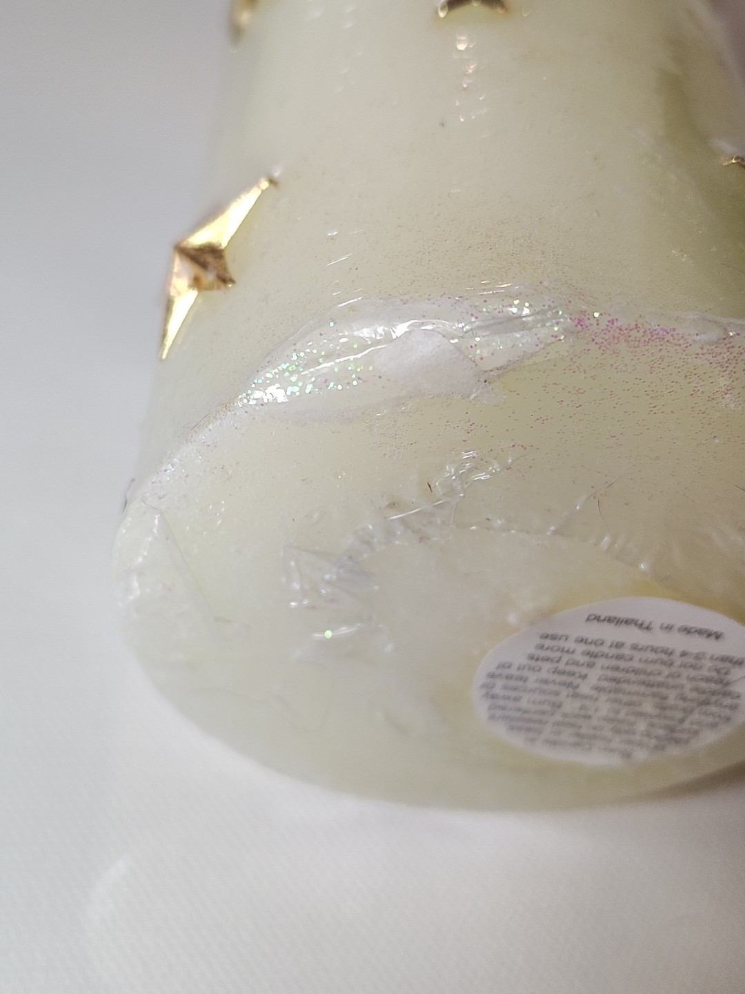 Vintage “A Touch of Gold” Wax Pillar Candle Glitter Cream Gold Stars 9.25″ New