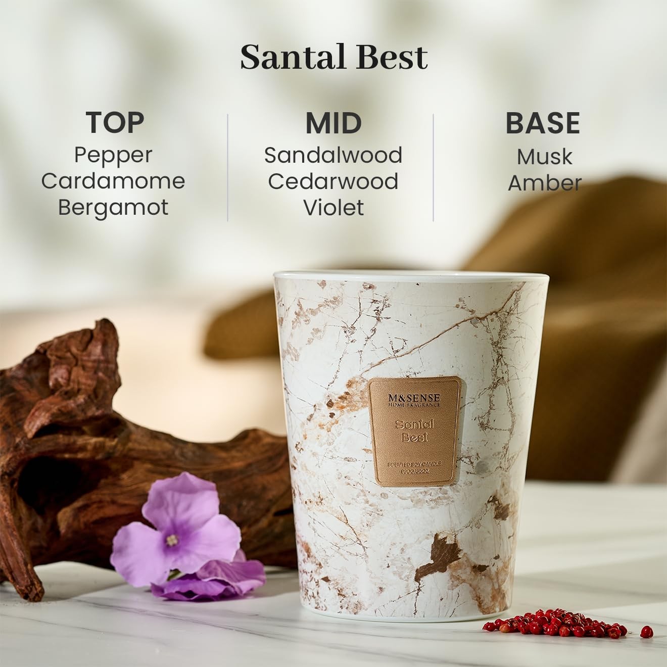 MandSENSE Extra Large Candle 35oz 150H Santal Scented 3-Wick Highly Scented J…