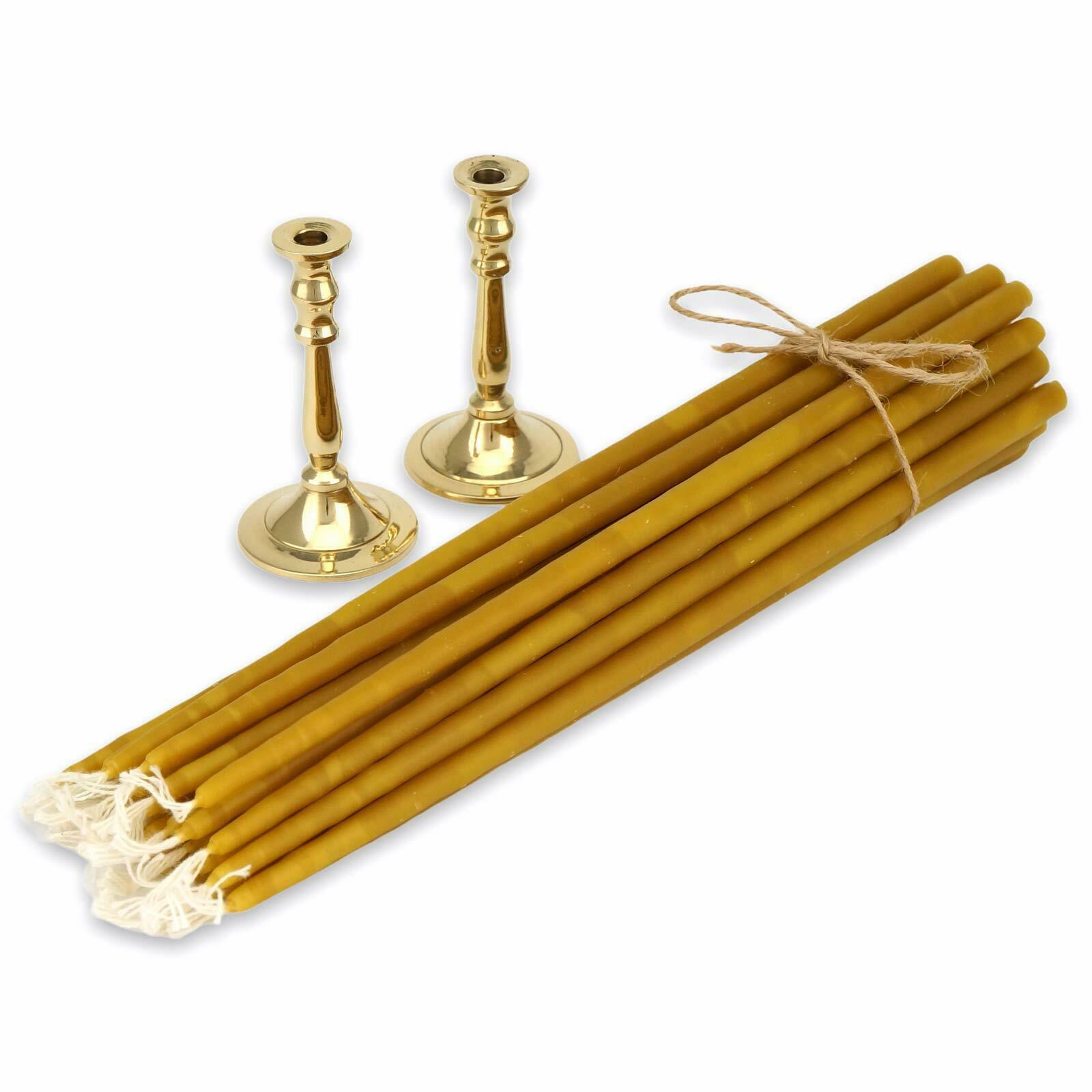 Mini Brass Candle Holder Pair + 20pcs Thin Beeswax Taper Candles Meditation Tiny