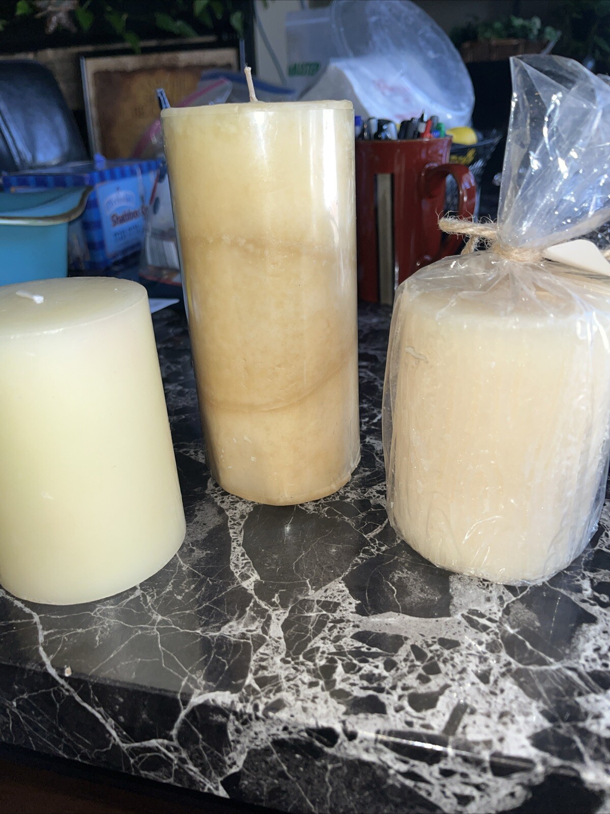 assorted pillar candles/ set of 3/ various brand and size/ 8” & (2) 4”
