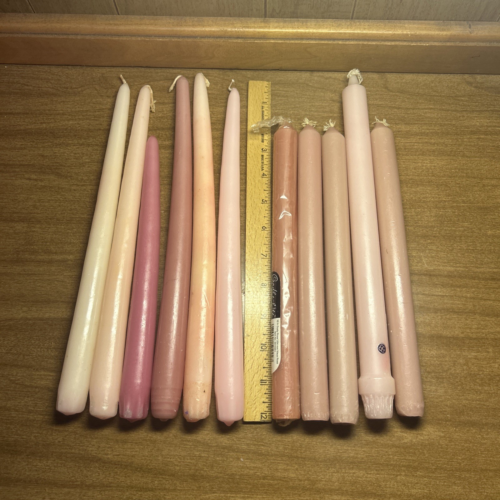 Lot of 39 Hand-Dipped Pink & Red Taper Dinner Candles – 12”