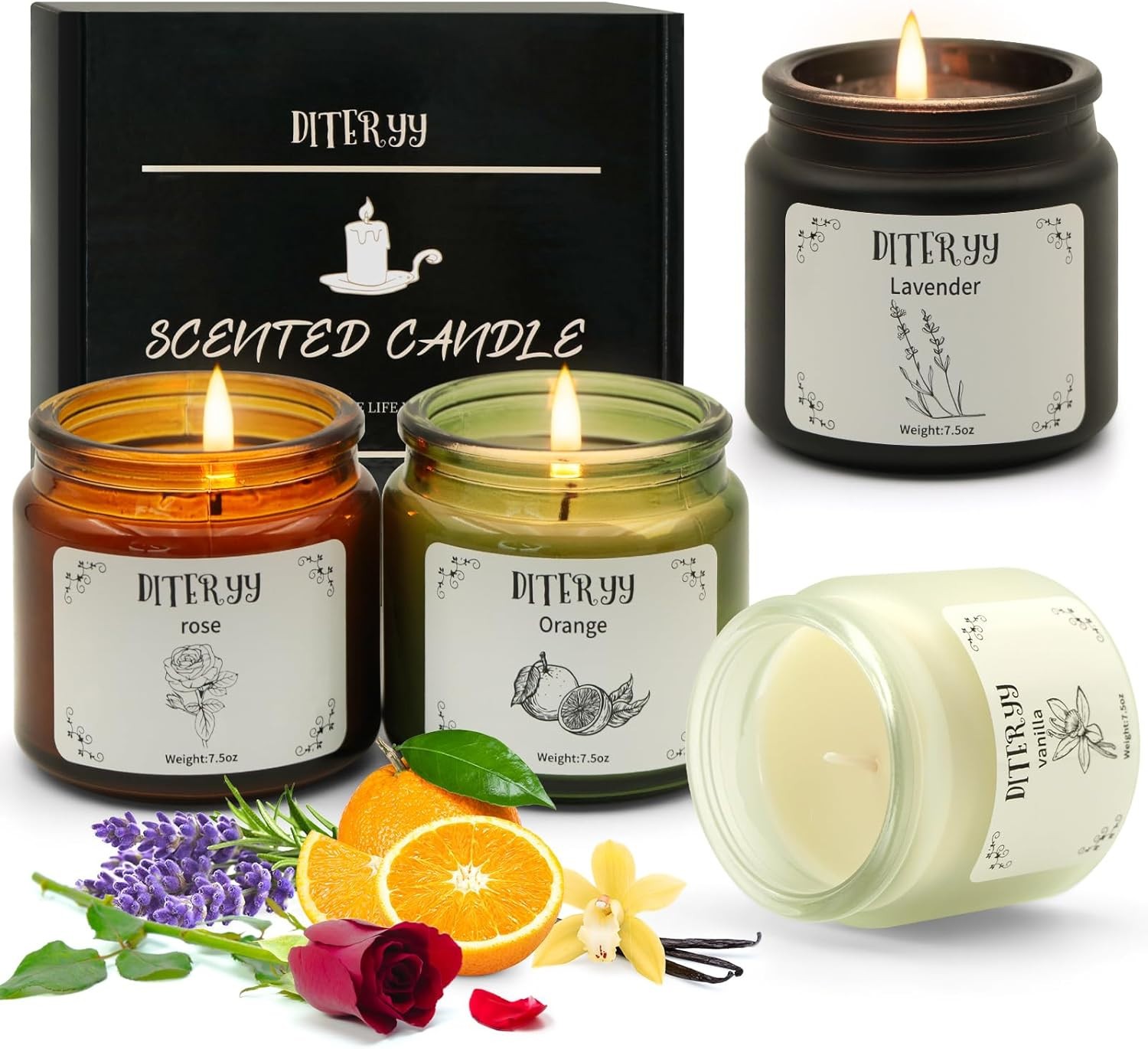 Soy Wax Scented Candles Gift Set 4 Pack Rose Lavender Orange Vanilla Jars 7.5oz