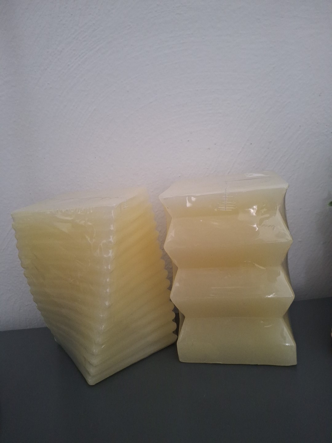 2 Flameless Candles New Yellow/Butter 6″x4″ Vanilla Scented Modern Abstract