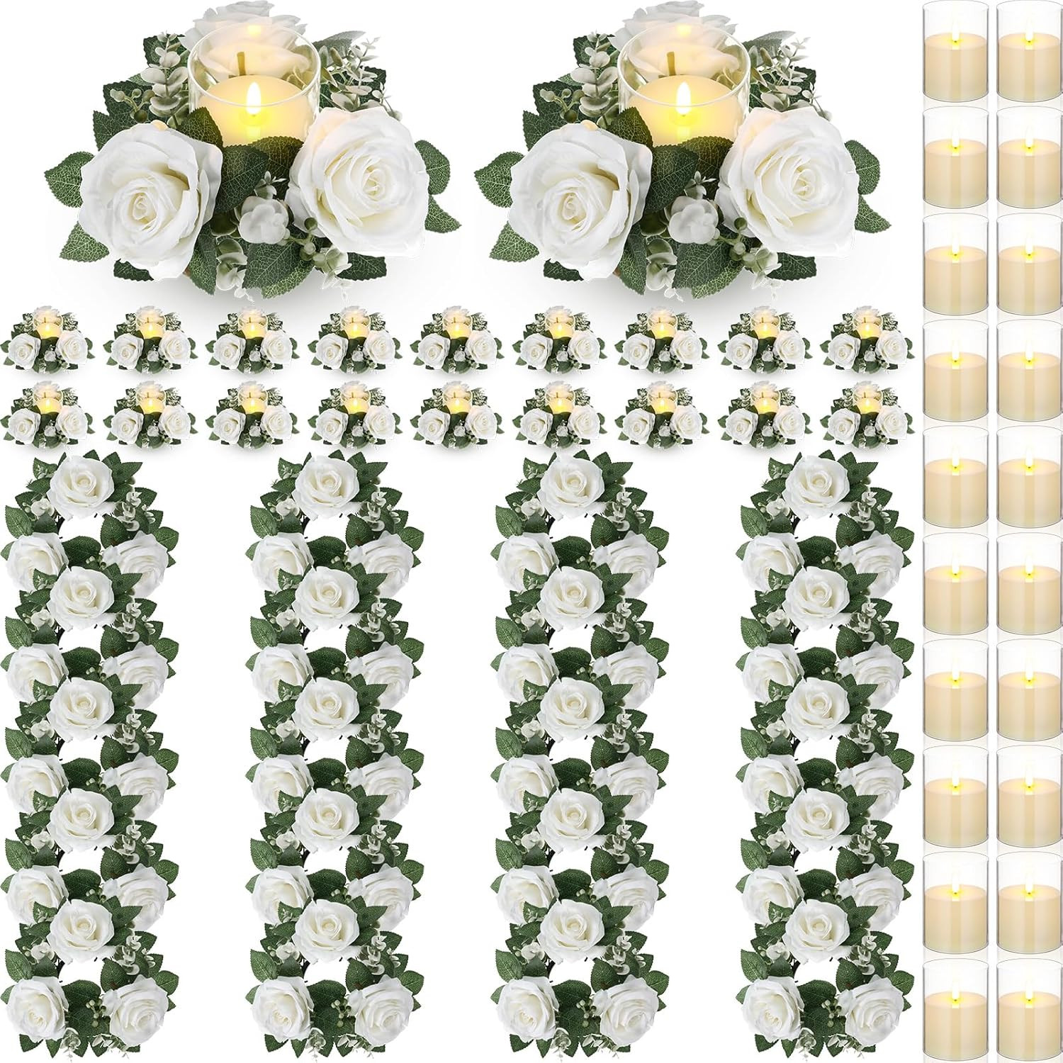 20 Pcs White Rose Candle Rings with Flameless Candles for Weddings & Events