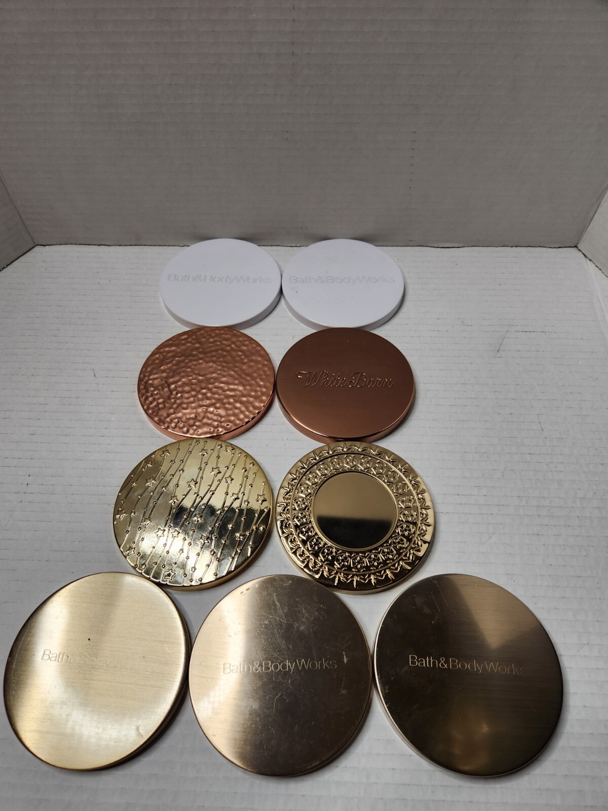 Bath & Body Works 3 Wick Candle Lids White Rose Gold Hammered Copper Metal Star