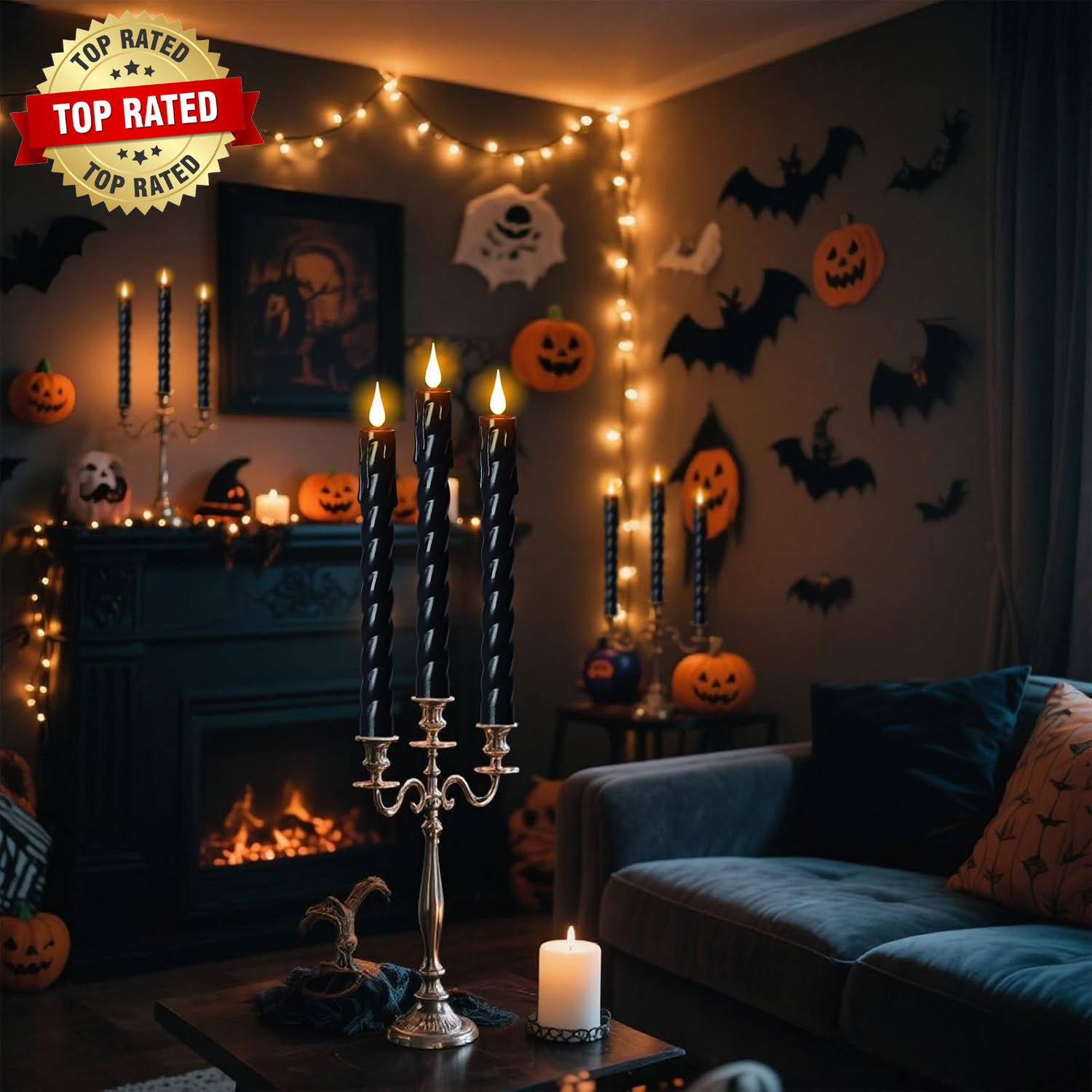 Black Flameless Taper Candles Battery Operated with Remote Timer | 3D Wick Flick