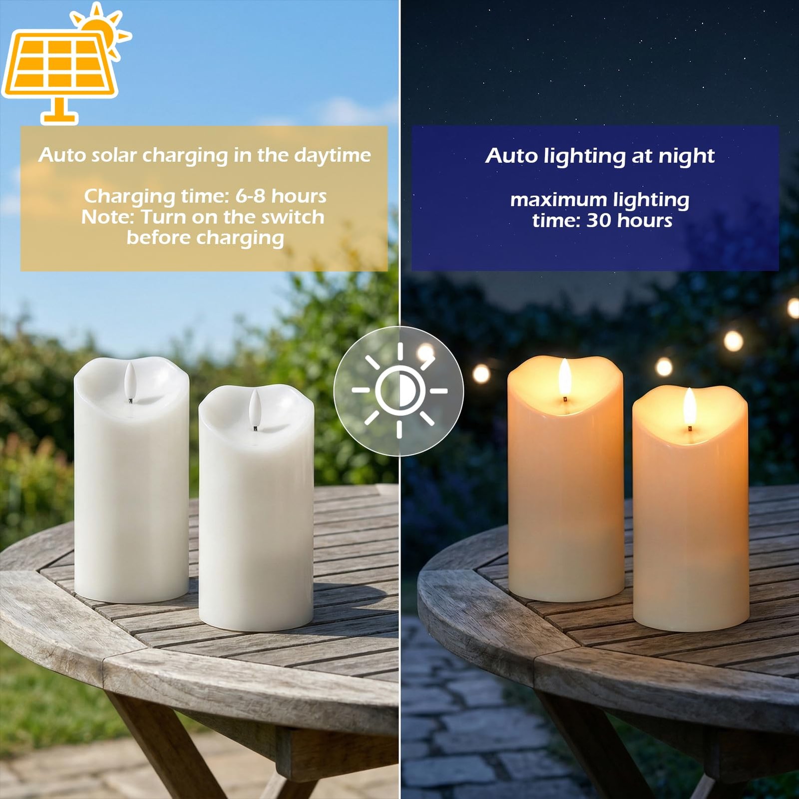Solar Candles Outdoor Waterproof, Flameless Flickering Pillar Candles 2 Pack