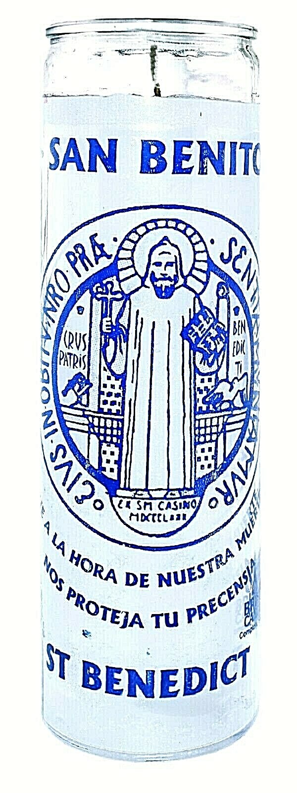 CANDLE ST. BENEDICT- WHITE -SAN BENITO BLANCO GLASS CANDLE BURNS 120 HOURS