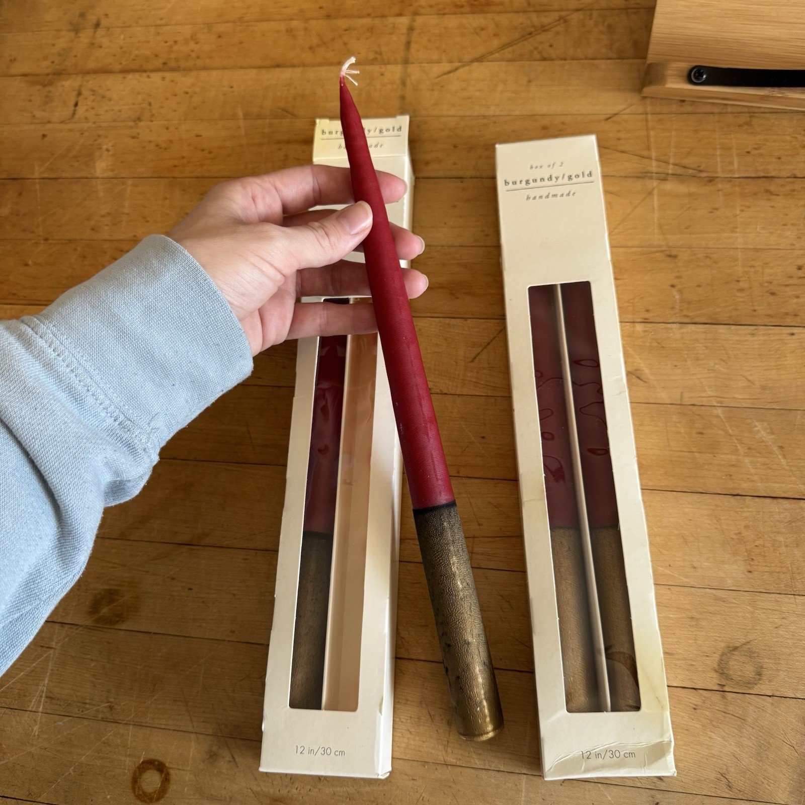 Pier 1 Burgundy Red & Gold Taper Candle Sticks 12” Handmade in Finland NEW Set 4