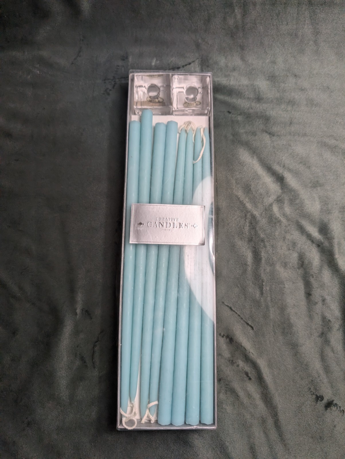 Creative Candles Vintage New in Box 8 Blue Tapers 12 x 1/2 + 2 Candle Holders