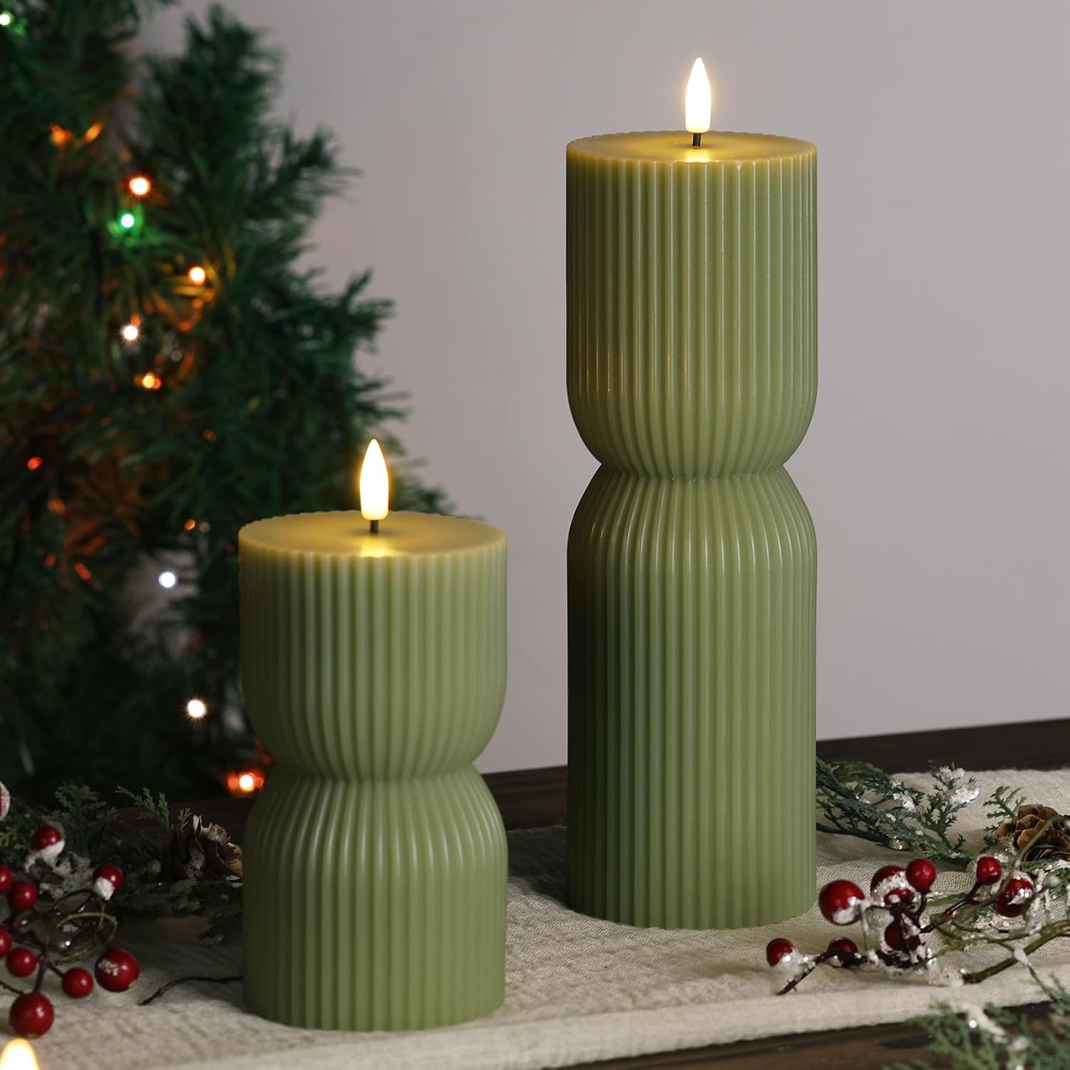 Olive Green Ribbed Flameless Pillar Candles with Remote Set of 2 | 2 AA Battery