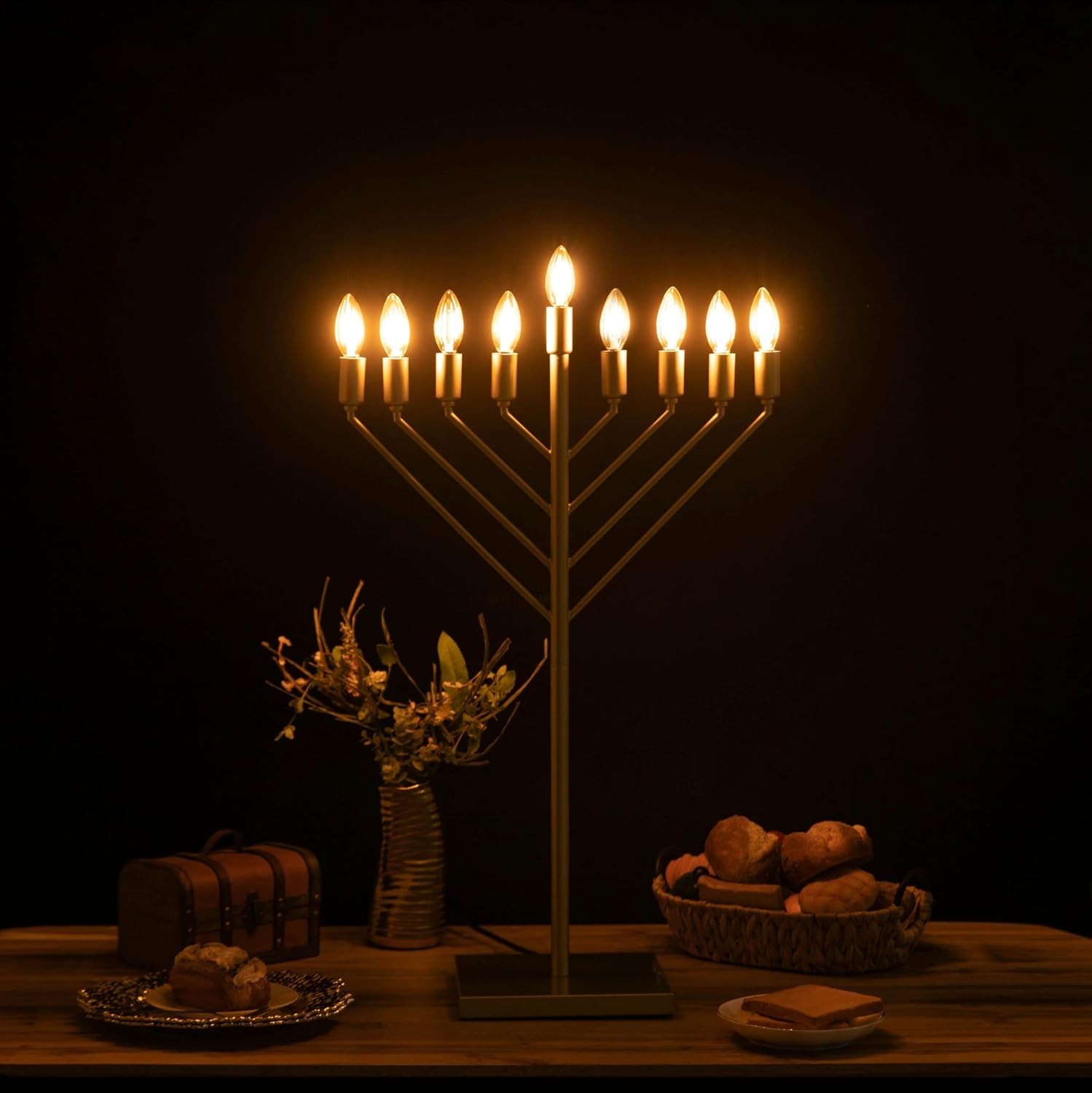 35″ Modern Gold 9 Branch Hanukkah Menorah Chabad Electric LED Flame Bulbs ✡