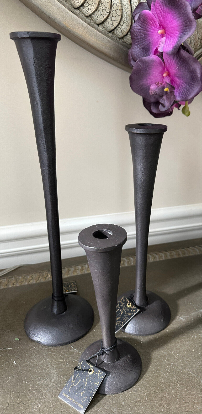 Black Cast Iron Tapered Candle Holders Handcrafted in India Set 3 8″ 12″ 16″