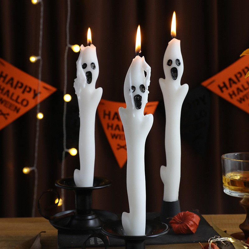2PCS White Halloween Ghost Long Candles Spooky Ghost Taper Candles Home Decor