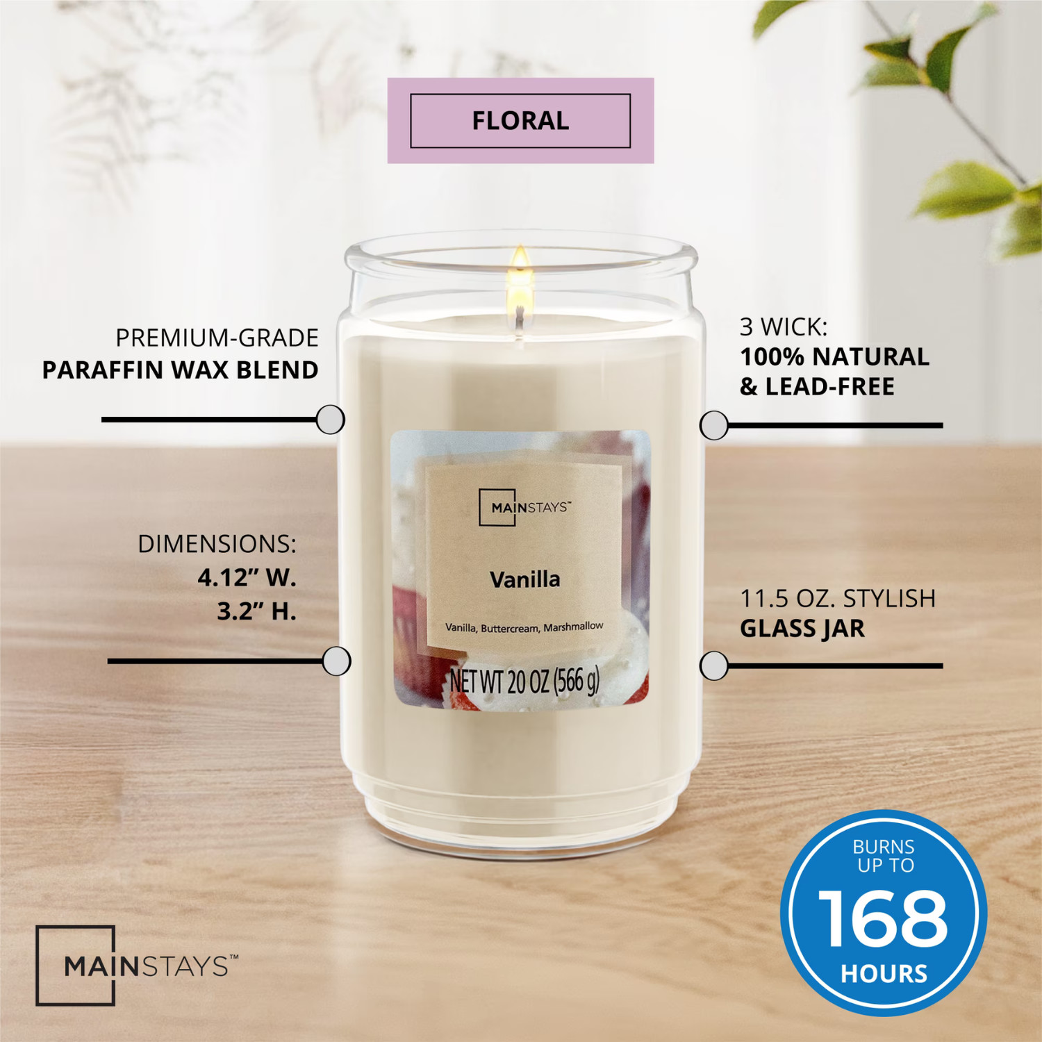 Mainstays Vanilla Scented Single-Wick Large Glass Jar Candle, 20 oz New