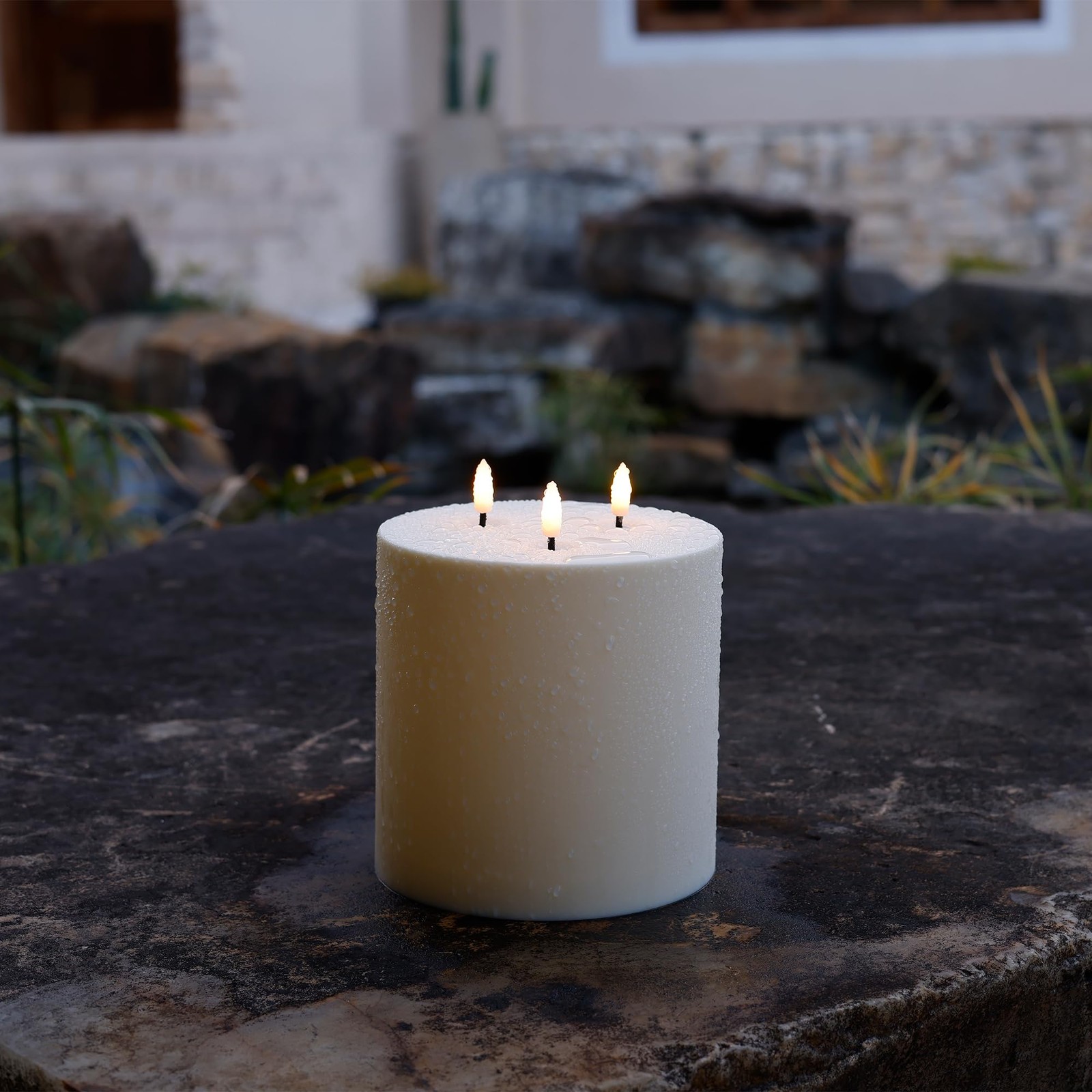 SEHNSY Ivory 6″ x 6″ Large Outdoor Waterproof Flameless Candle 3 Wick Plastic