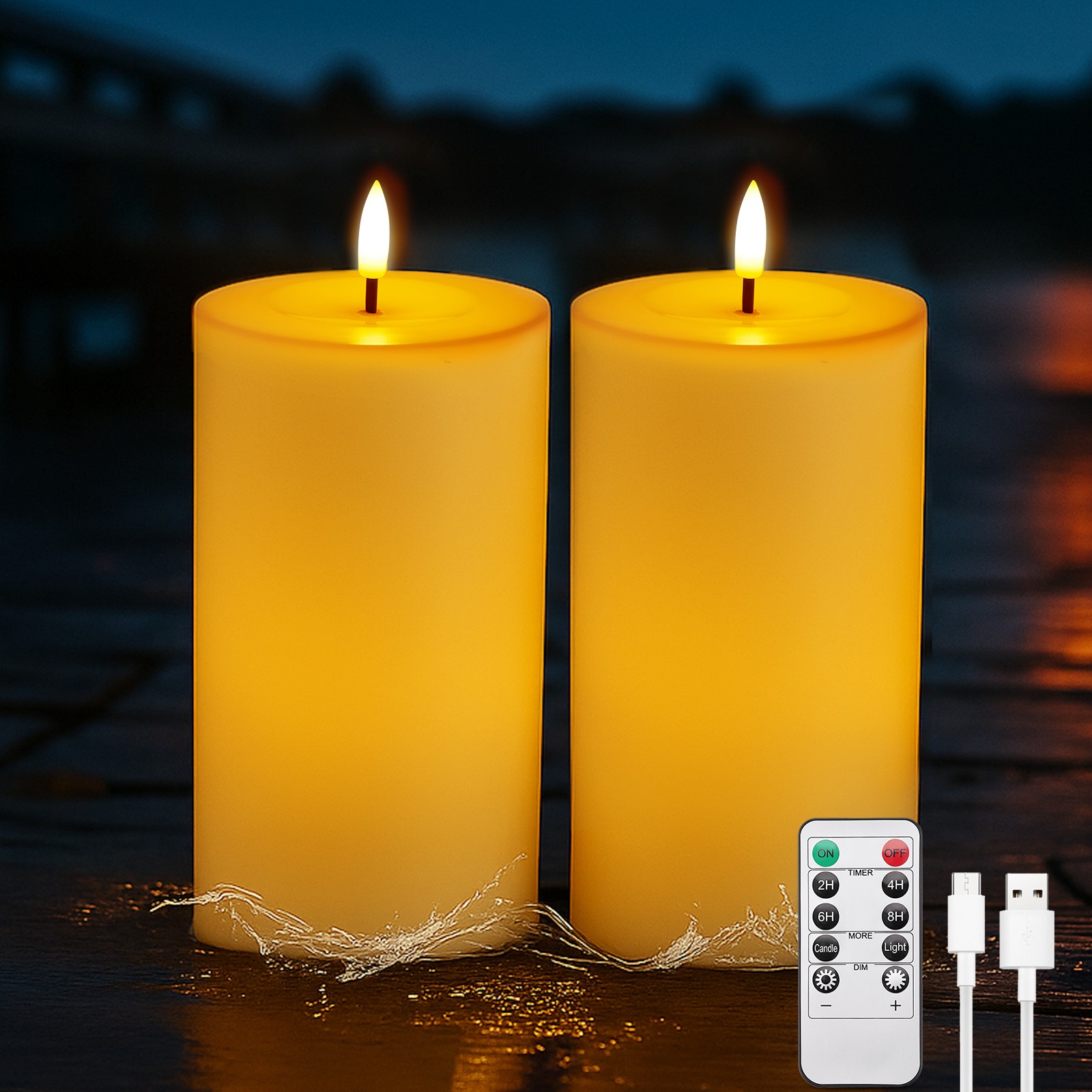 2PCS Flameless 4″x8″ Outdoor Waterproof Candles with Timer Remote Rechargeable