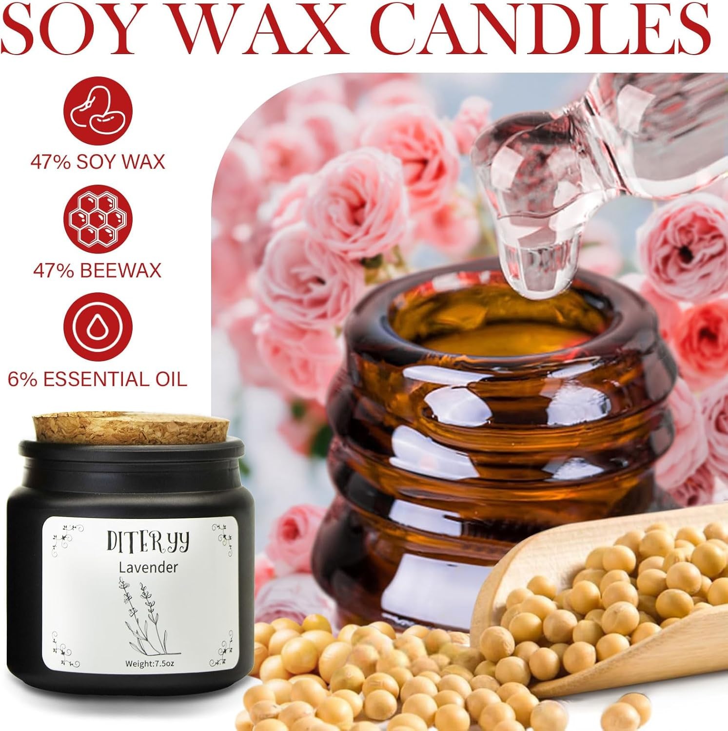 Soy Wax Scented Candles Gift Set 4 Pack Rose Lavender Orange Vanilla Jars 7.5oz