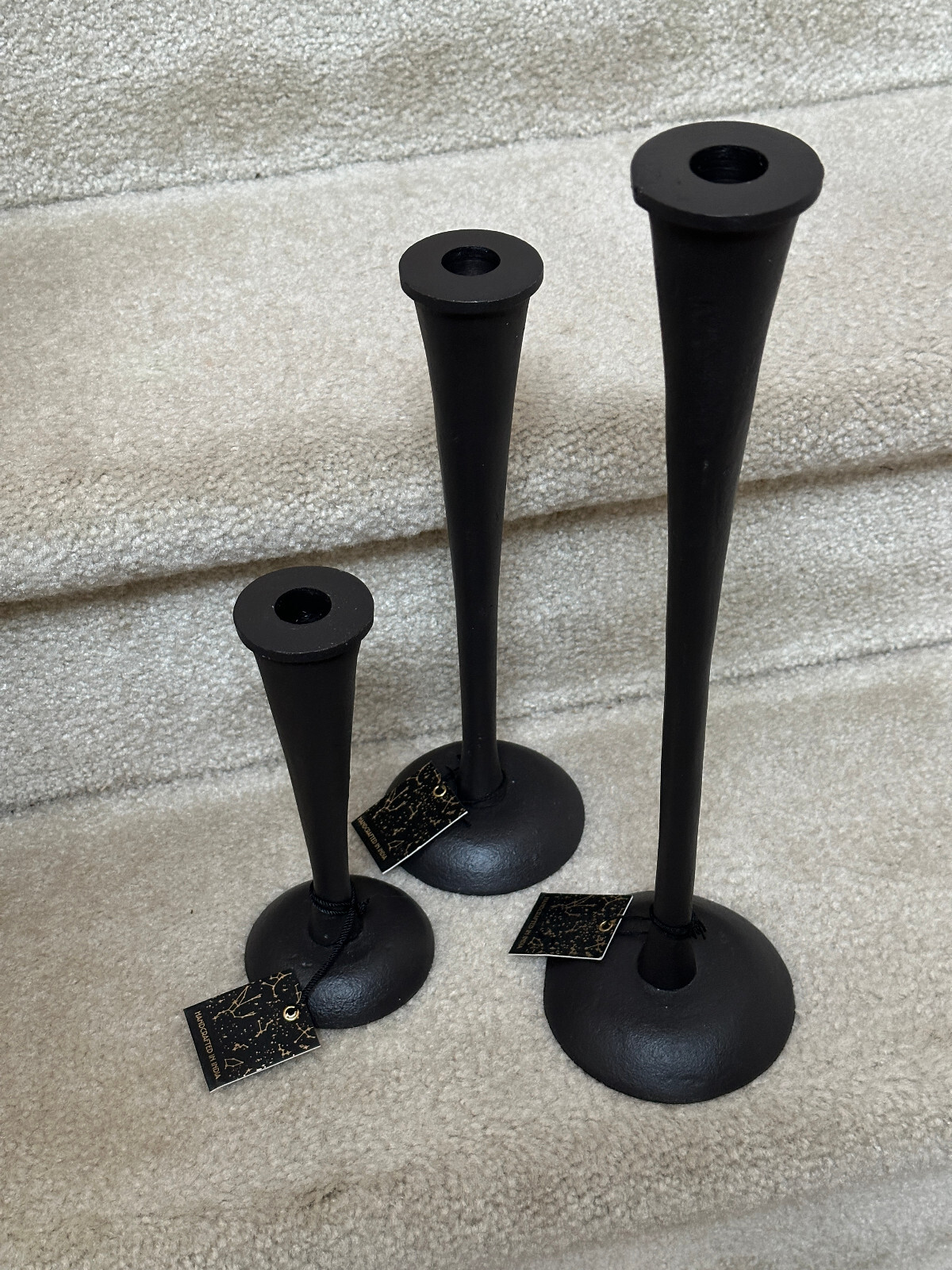 Black Cast Iron Tapered Candle Holders Handcrafted in India Set 3 8″ 12″ 16″
