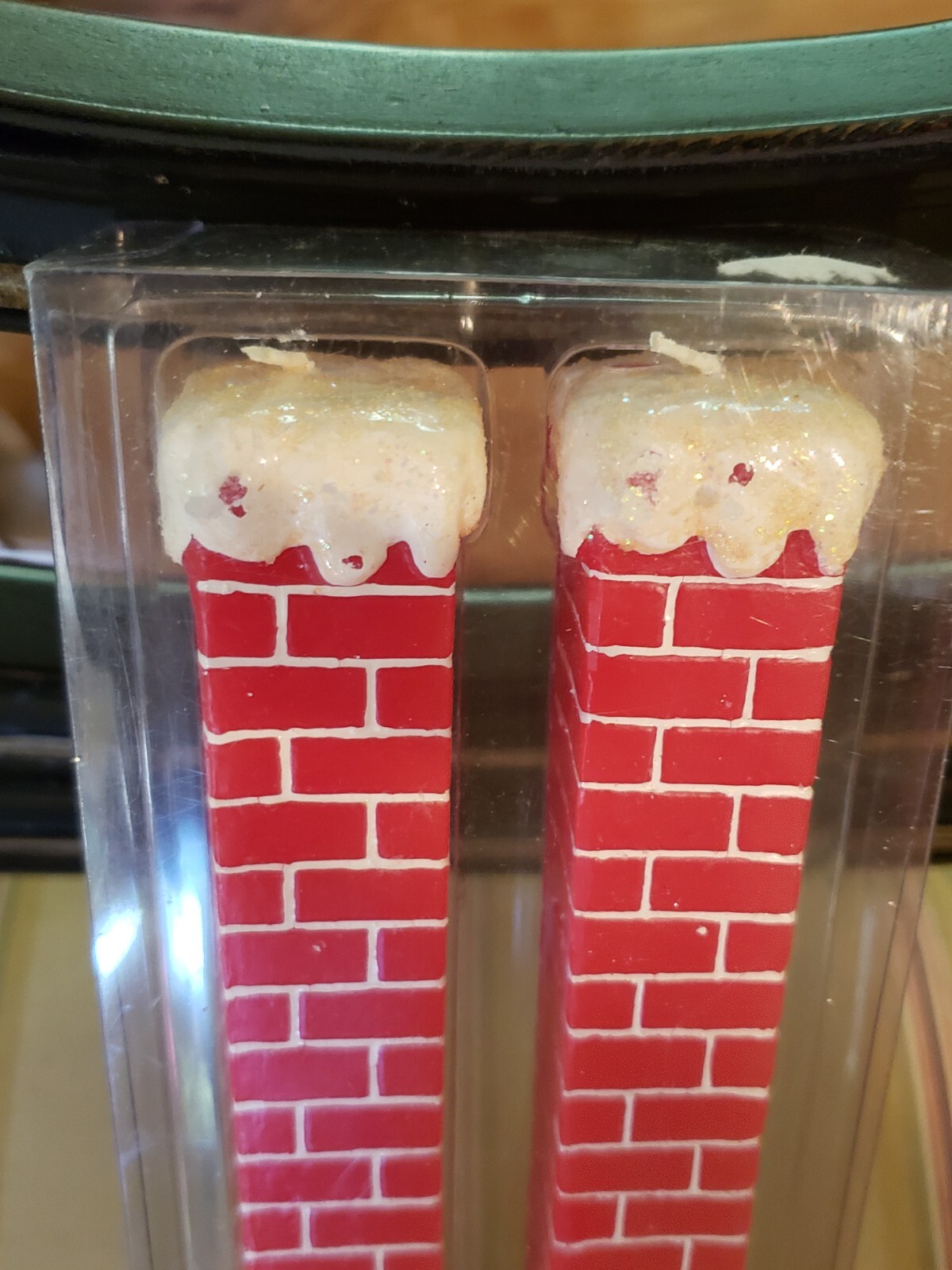 Vintage 10″ Dept 56 Christmas Red Brick Chimney Candles With Snowy Cap New InBox