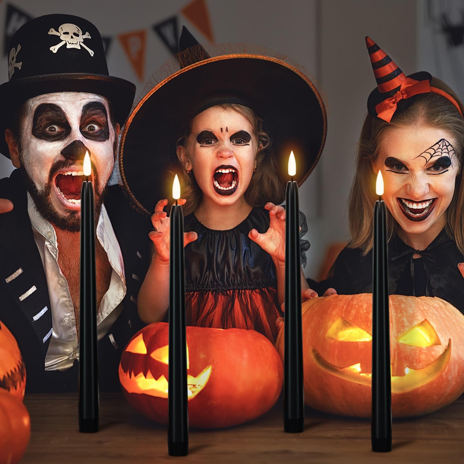 Halloween Flameless Taper Candles with Remote & Timer, 4 Pack Black Candles B…