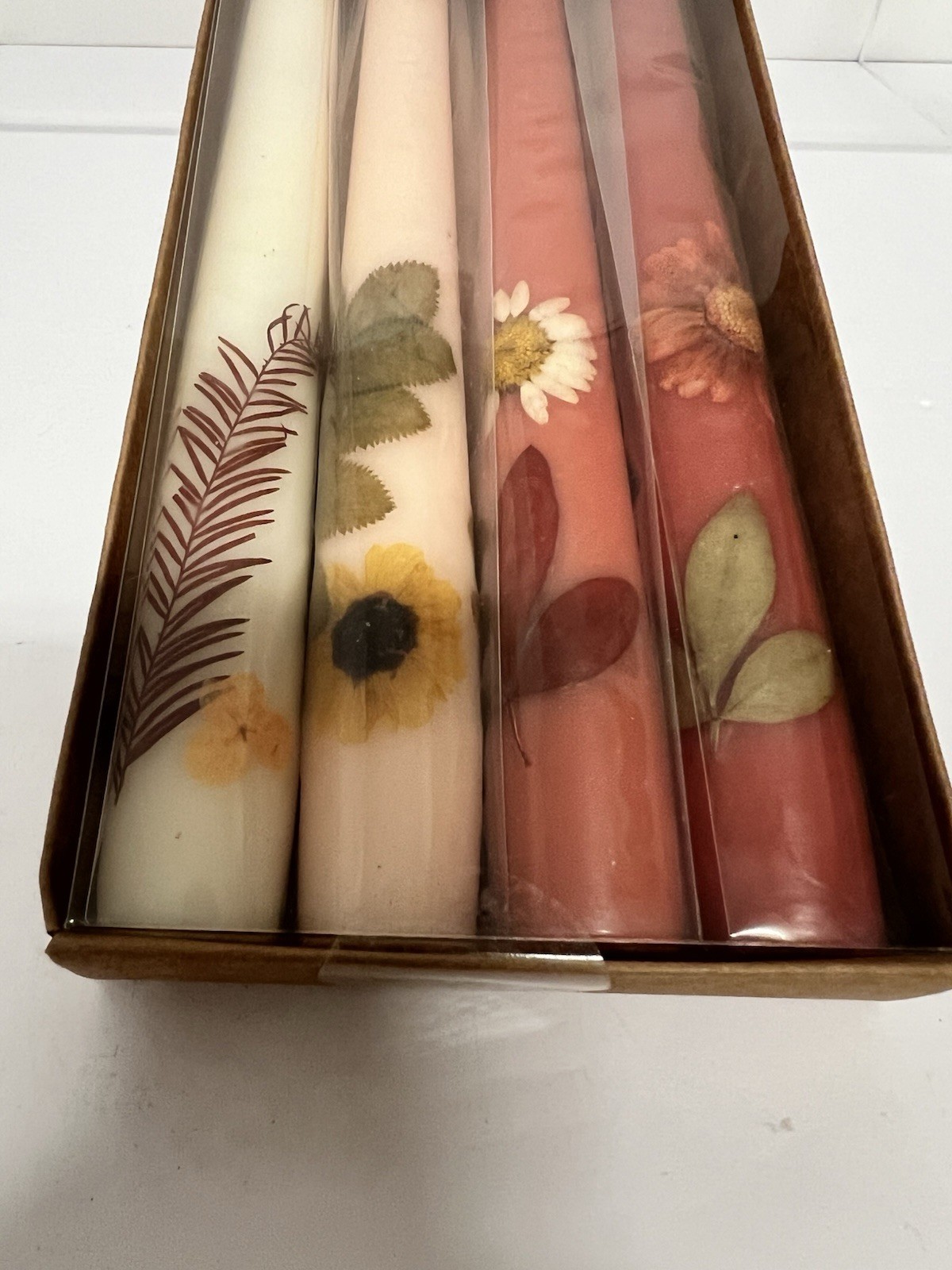 Botanical Taper Candles Set of 4 12” Fragrance Free Floral Decorative Candles
