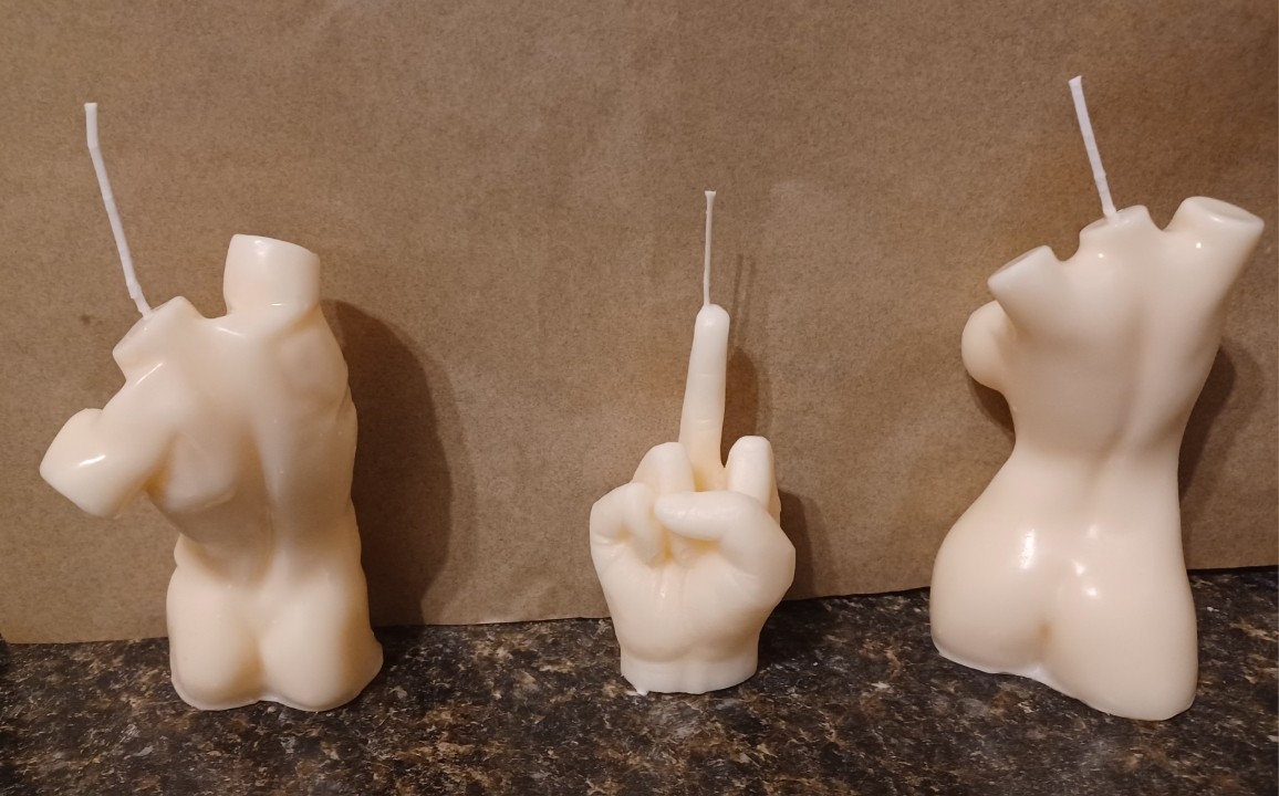 Man Torso, Woman Body, And Small 4″ Middle Finger Candle Set of 3