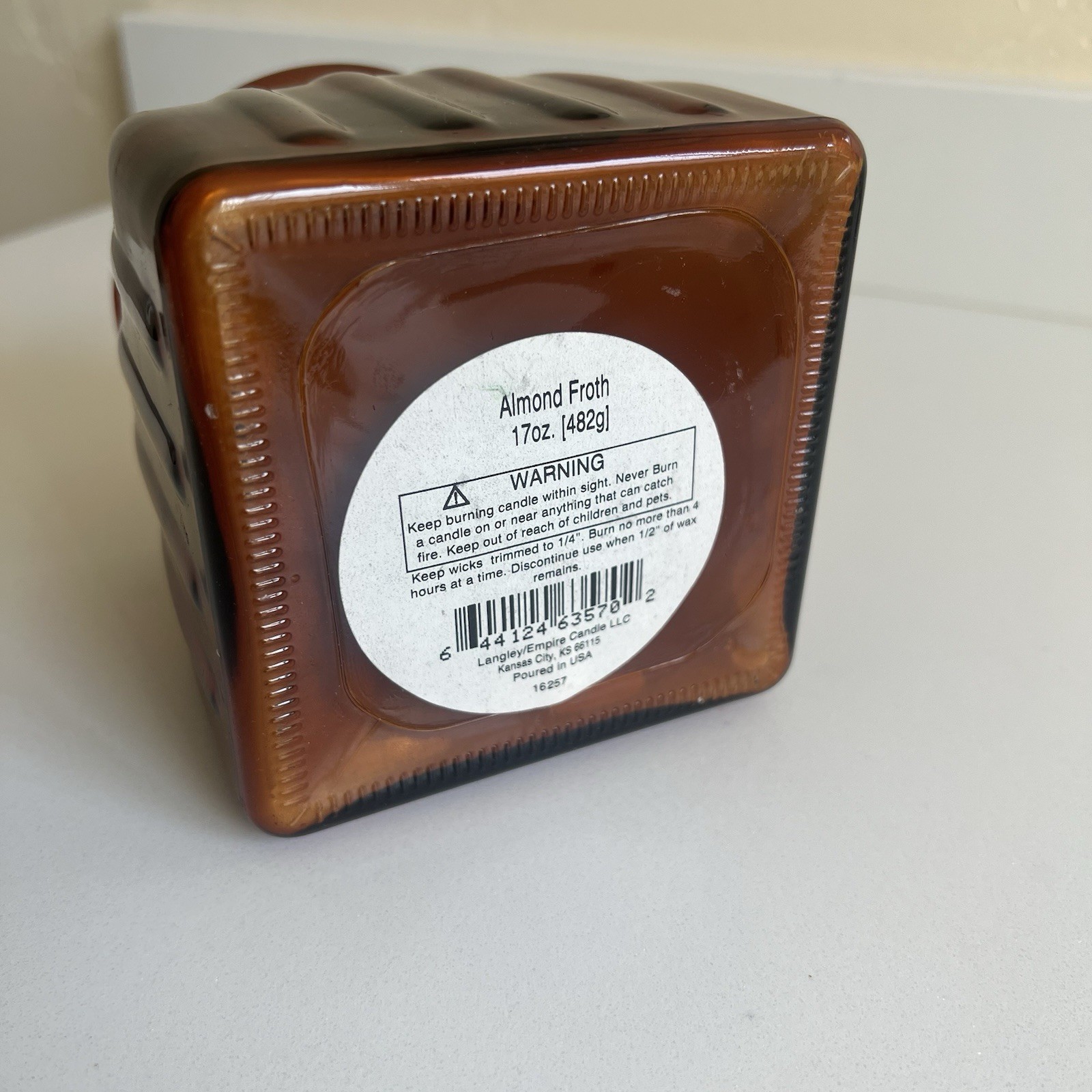 Langley Empire Candle Almond Froth 17oz Amber Fluted Glass Jar Single Wick USA
