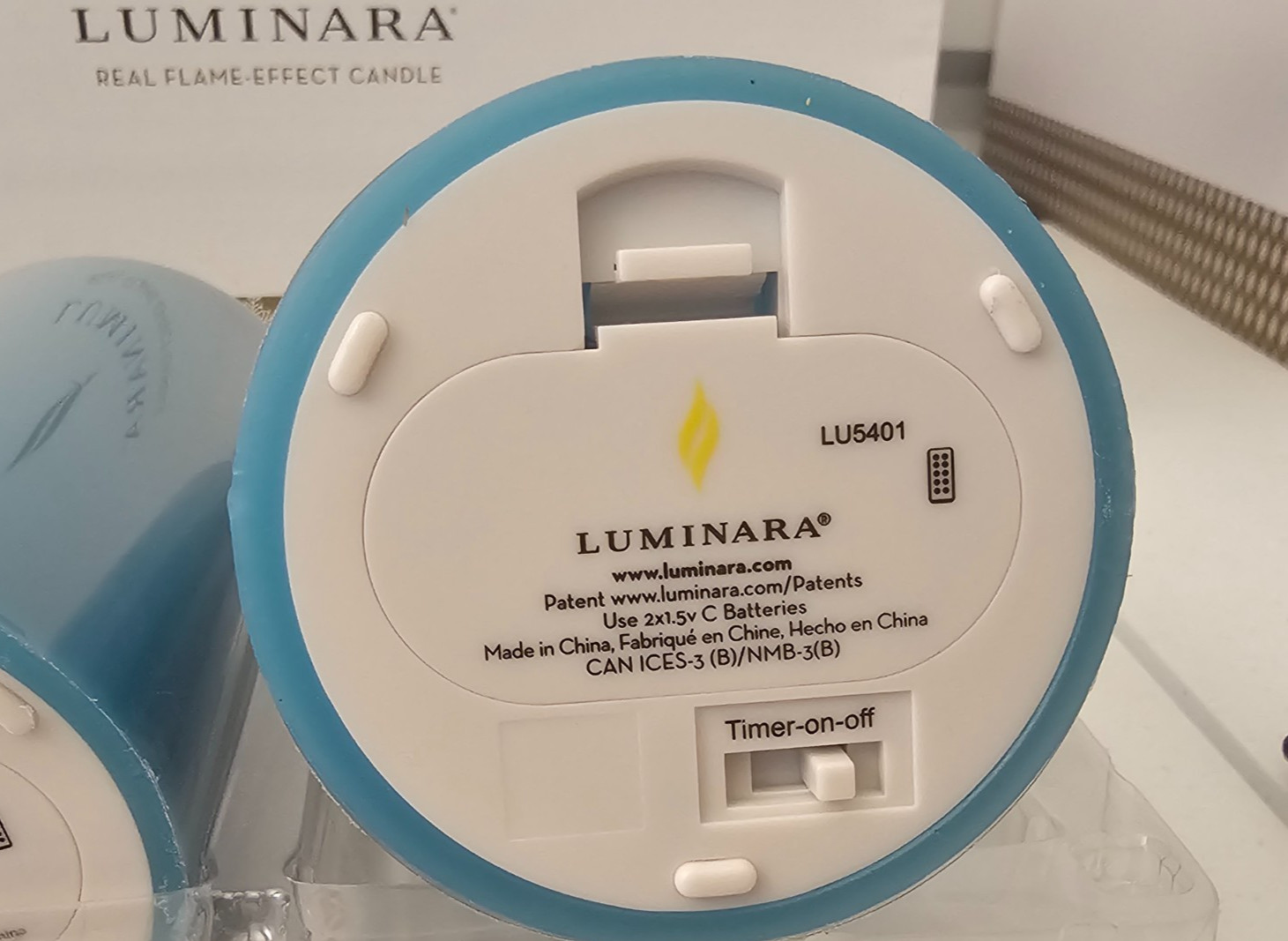 Set of 3 Luminara 360 Degree Teal Colored Remote Ctrl 3″ X7″ Pillar Candles
