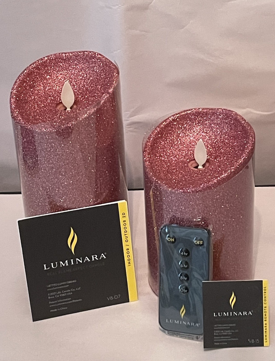 Luminara Flameless 5″ & 7″ Pink Glitter 2 pack Candle Set Timers and one remote