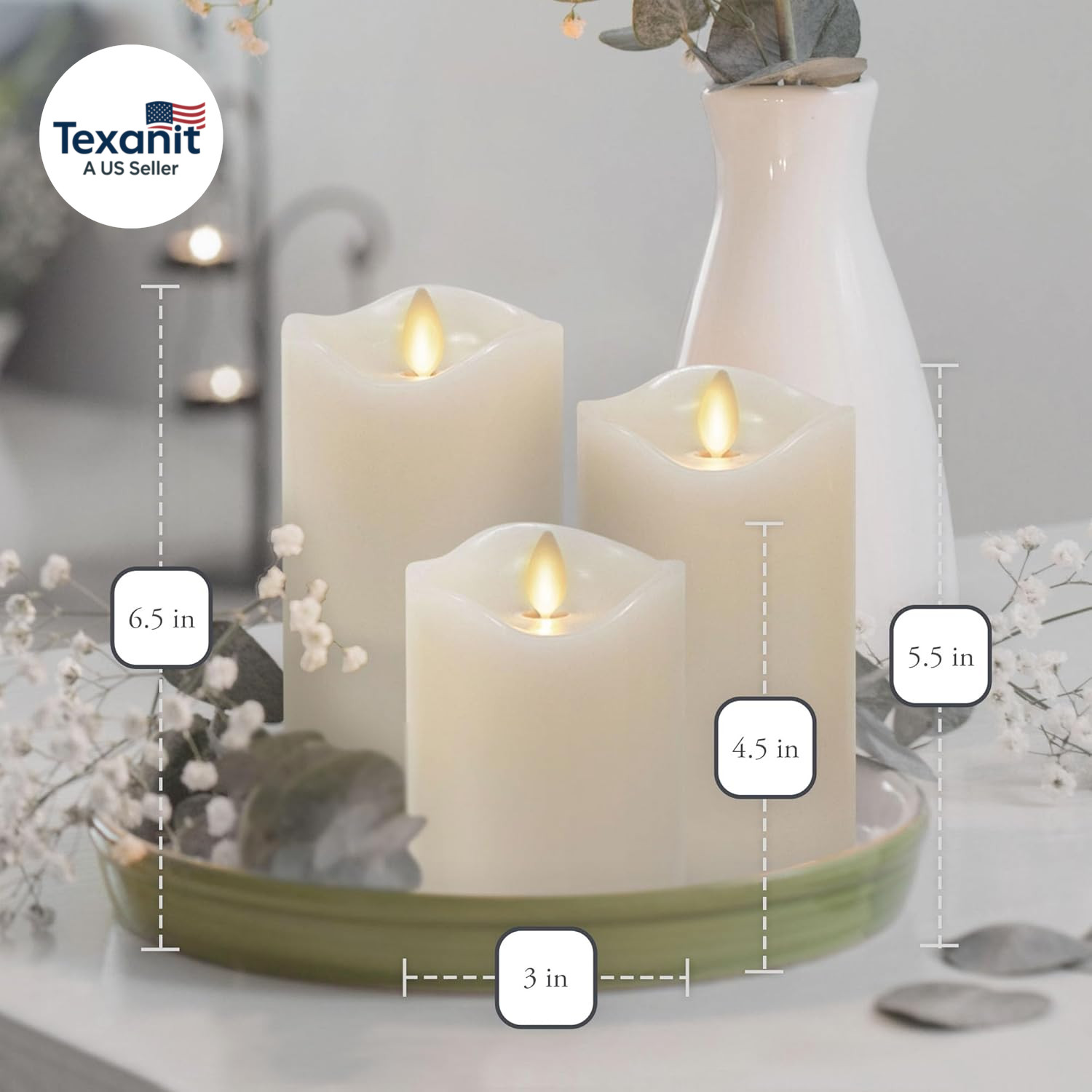 by Luminara Set of 3 Flameless LED Flickering Moving Flame Pillars (3″ X 4.5″, 5