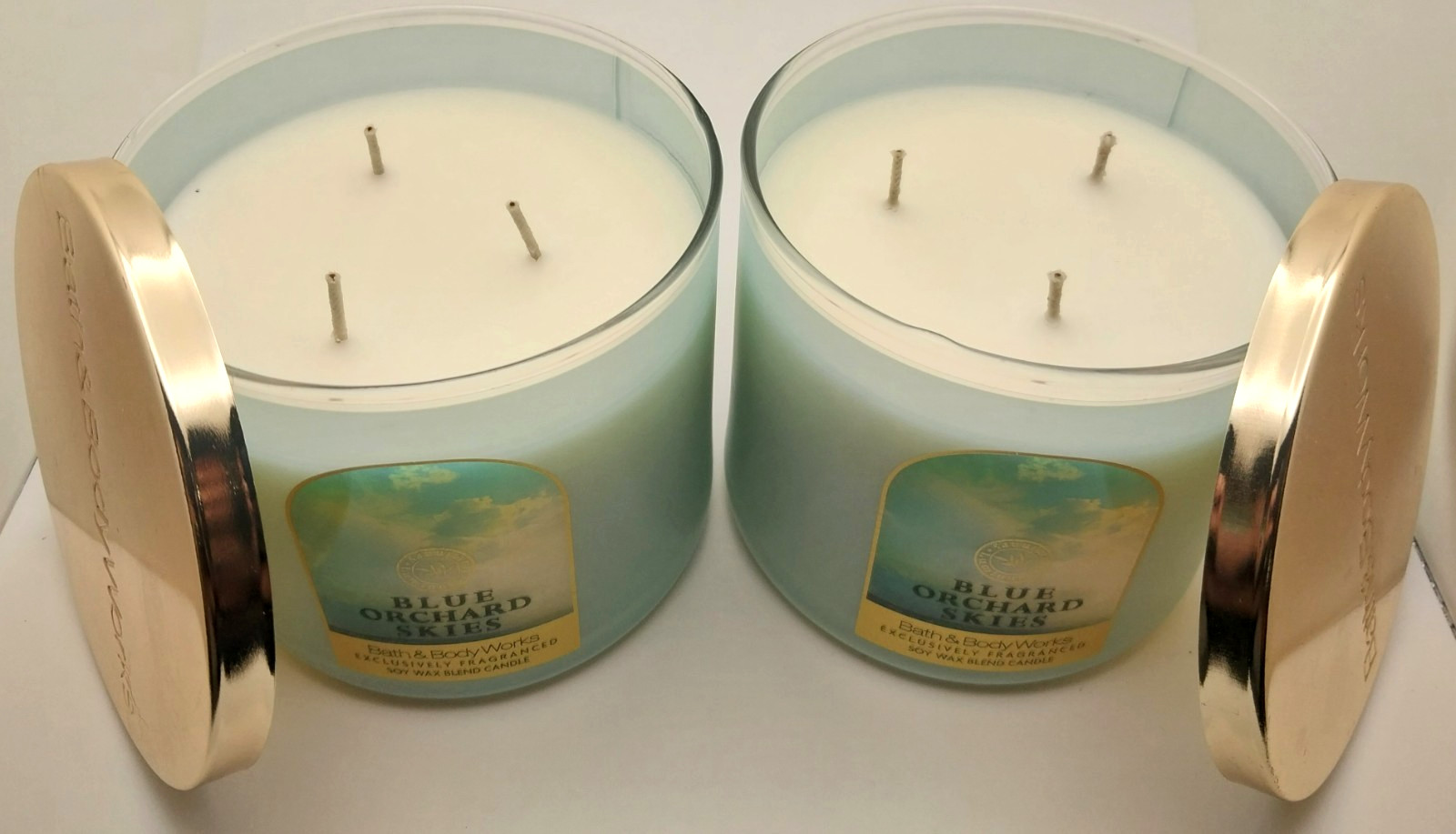 Set of 2 NEW! Bath & Body Works BLUE ORCHARD SKIES 3 Wick SCENTED Candle