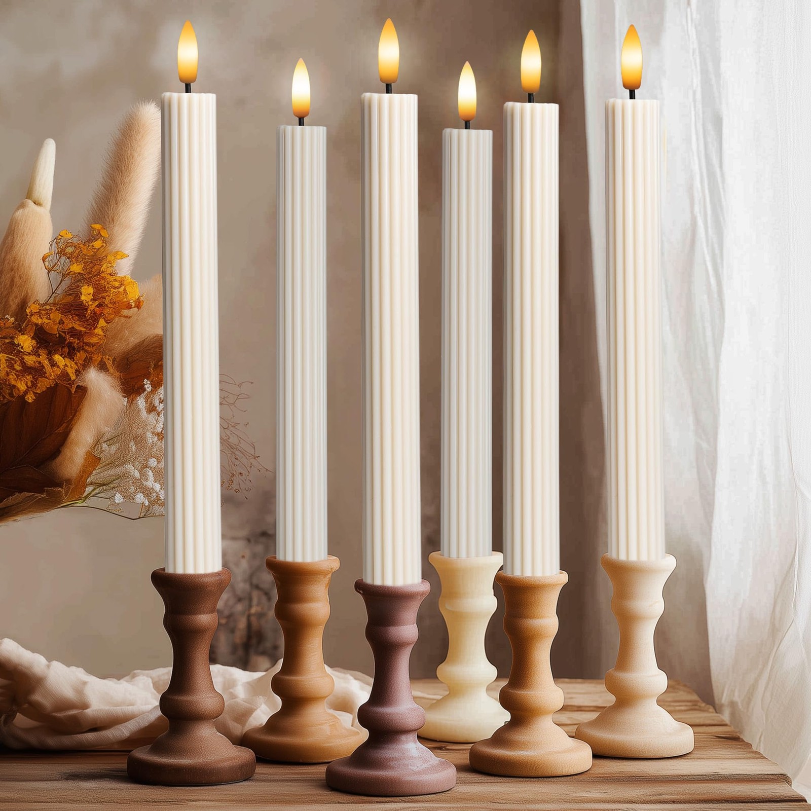 6 PCS Fluted LED Cream Beige Taper Candles Remote Dimmable Battery 10 Inch