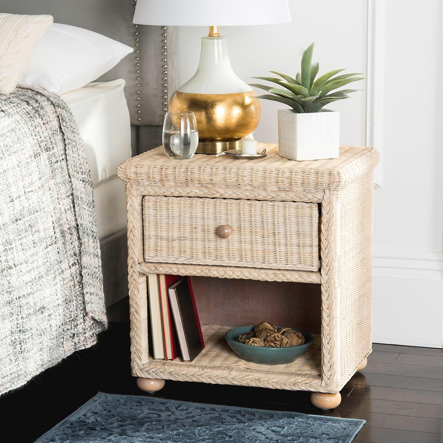 Adira White Wash Wicker Nightstand – Coastal Boho Accent Table with Shelf