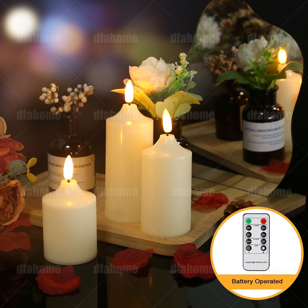 Set of 3 Flickering Flameless LED Candles with Timer Remote Battery Operated