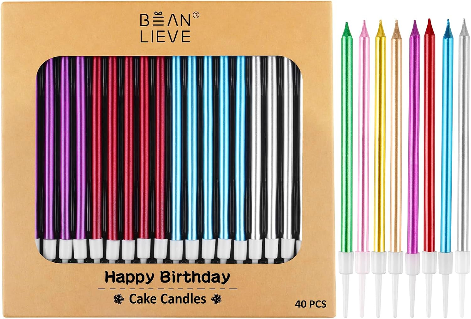 40-Count Color Birthday Candles – Long Thin Metallic Candles, Cake Candles, Birt