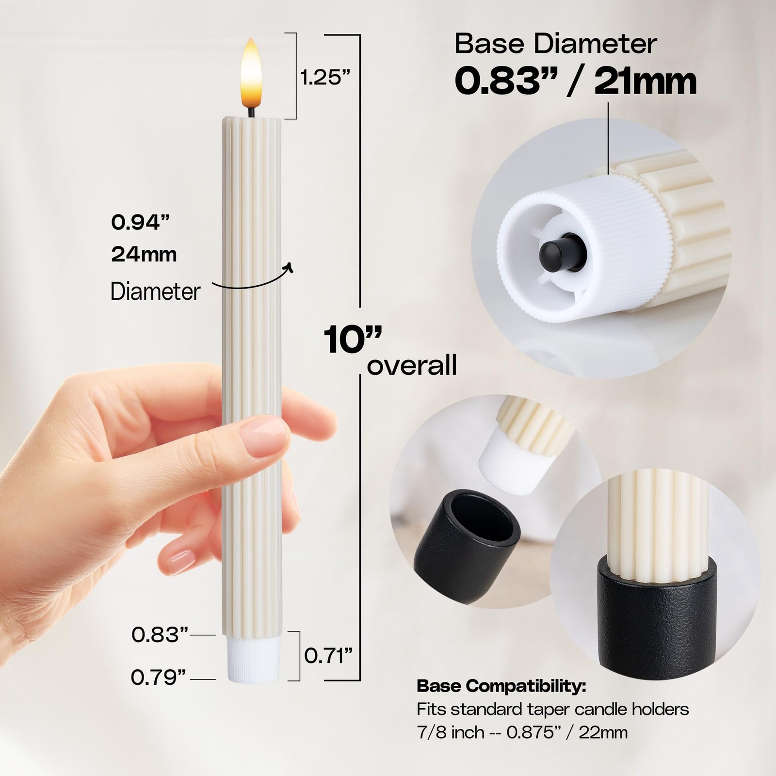 6 PCS Fluted LED Cream Beige Taper Candles Remote Dimmable Battery 10 Inch