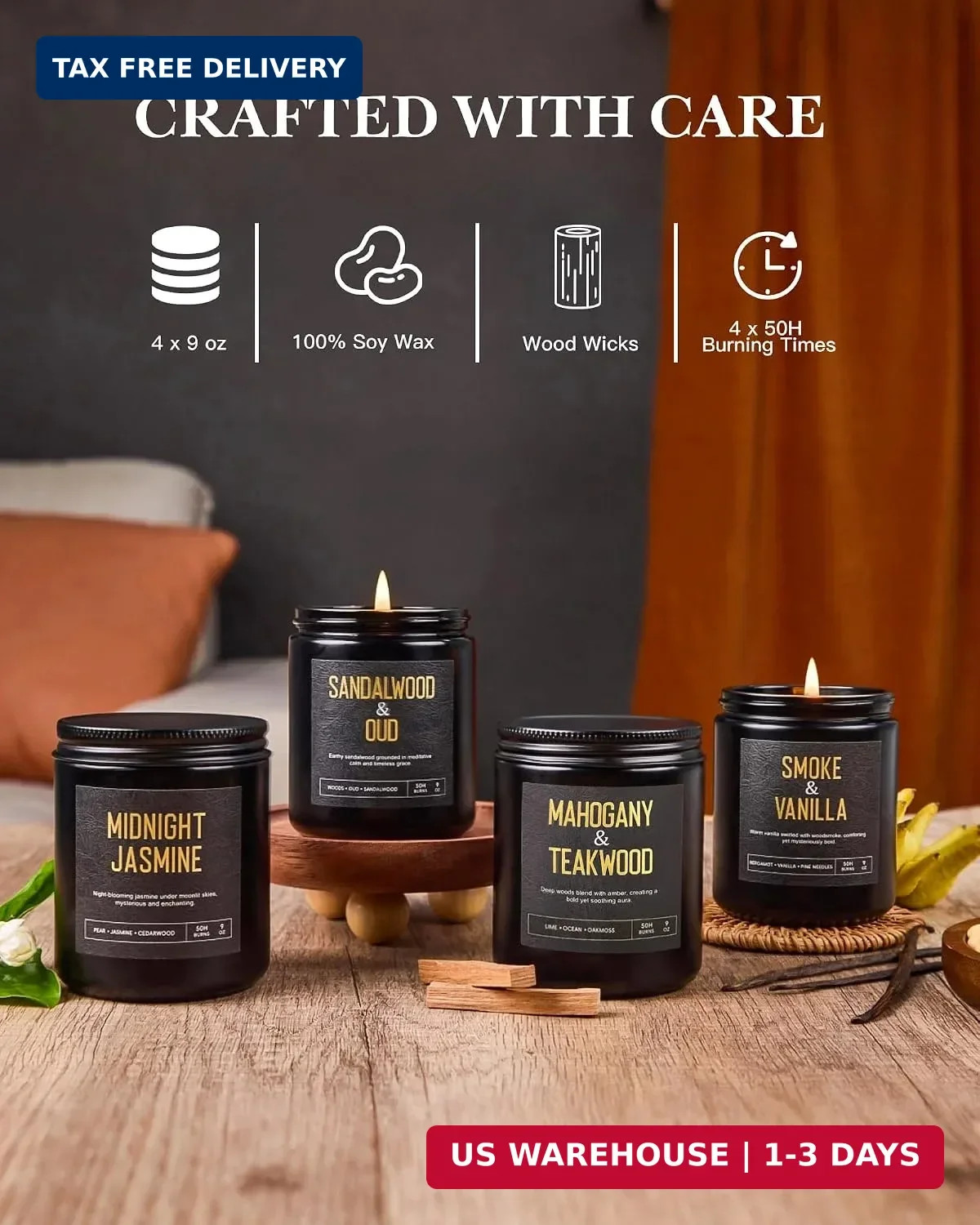 Men’s Candle Gift Set, 4 Pack Crackling Wood Wick Soy Scented Candles, 36oz M…