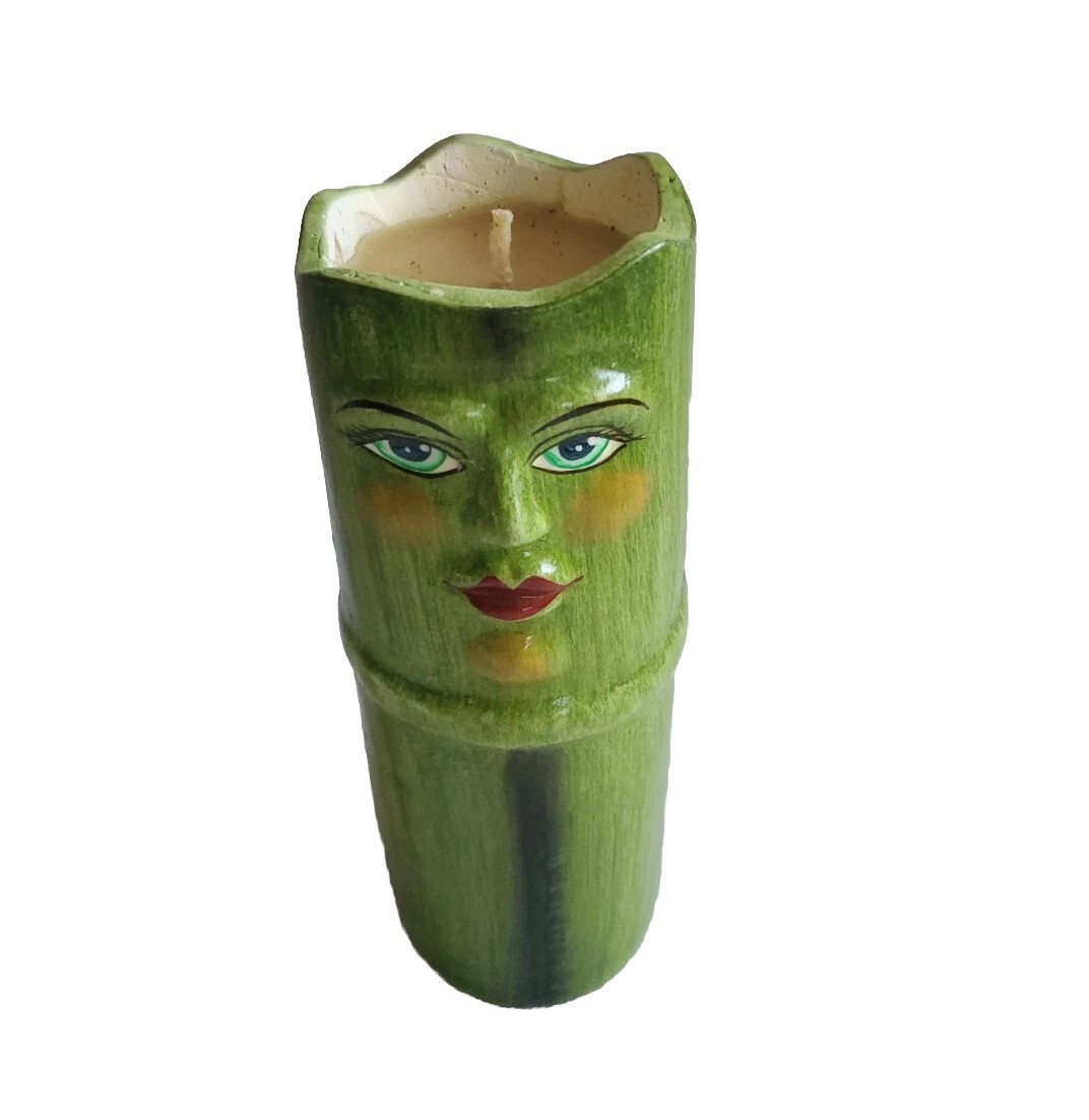 Clay Art Candle In W/ Face Bamboo Stem 60s Or 70s Signed AGP & Bird Blue Eyes