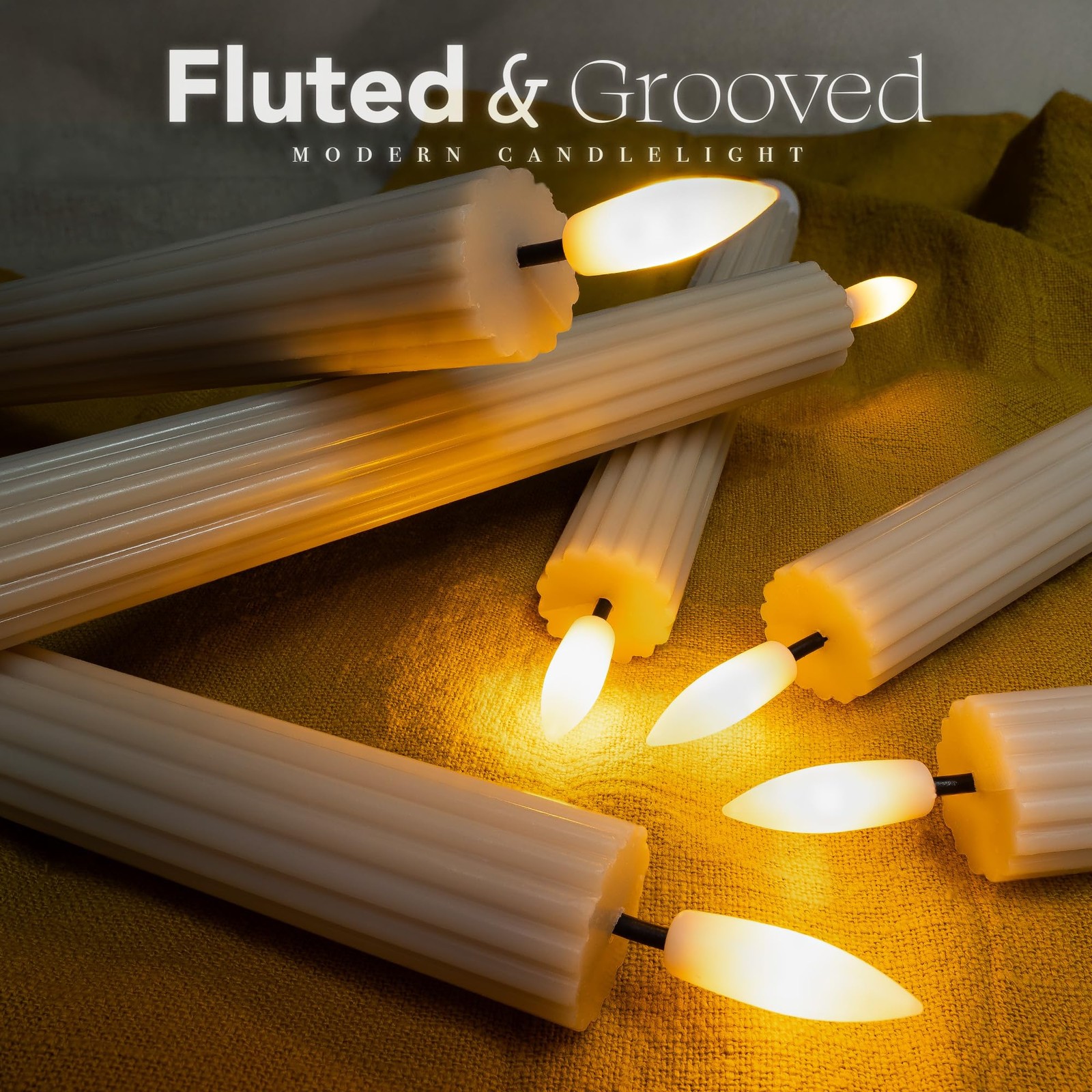6 PCS Fluted LED Cream Beige Taper Candles Remote Dimmable Battery 10 Inch