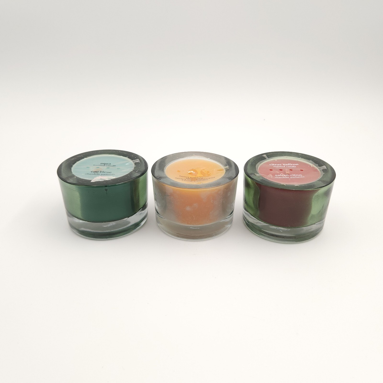 Pier 1 Imports Glass Jar Candles (3) Aqua Mango Papaya Citrus Saffron Scents NOS